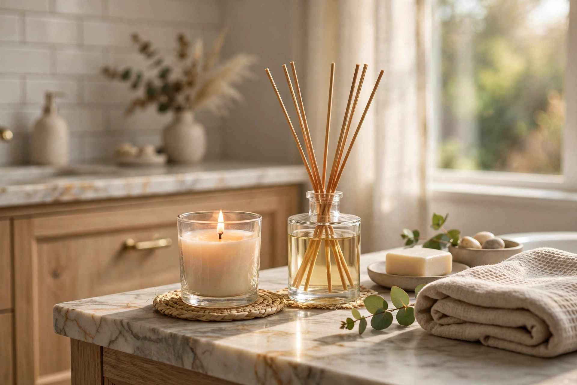 Scented Candle And Diffuser On Bathroom Counter