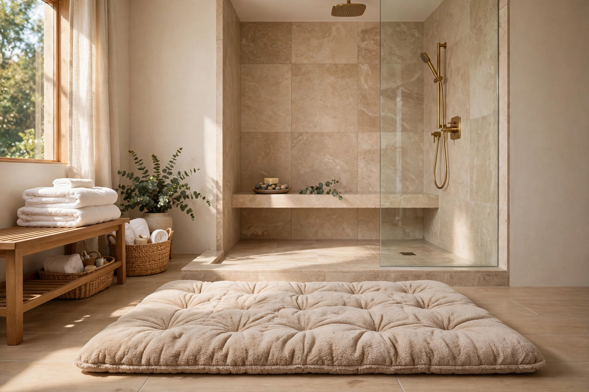 Thick Memory Foam Bath Mat In Front Of A Walk-In Shower