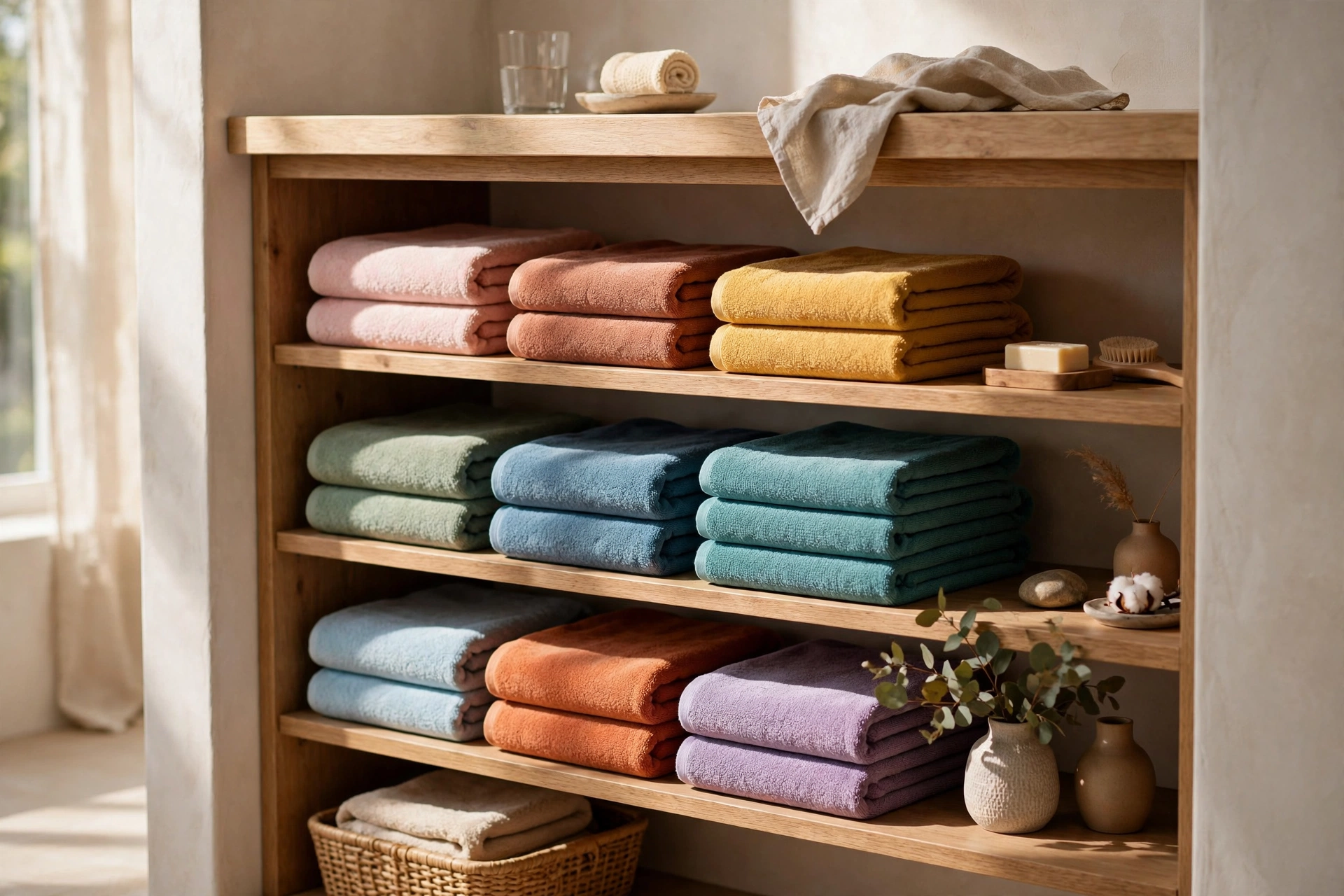 Open Vanity Shelf Displaying Neatly Folded Colorful Towels