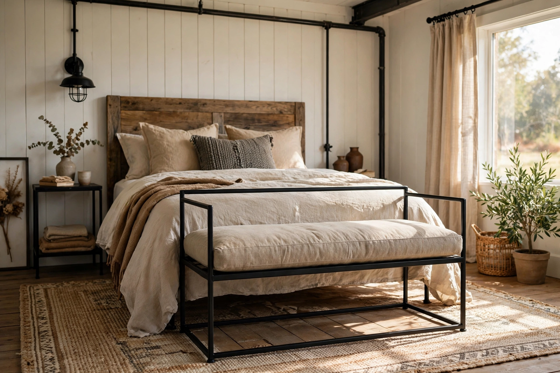 Black Metal Frame Bench with Cushioned Seat in Industrial Farmhouse Bedroom