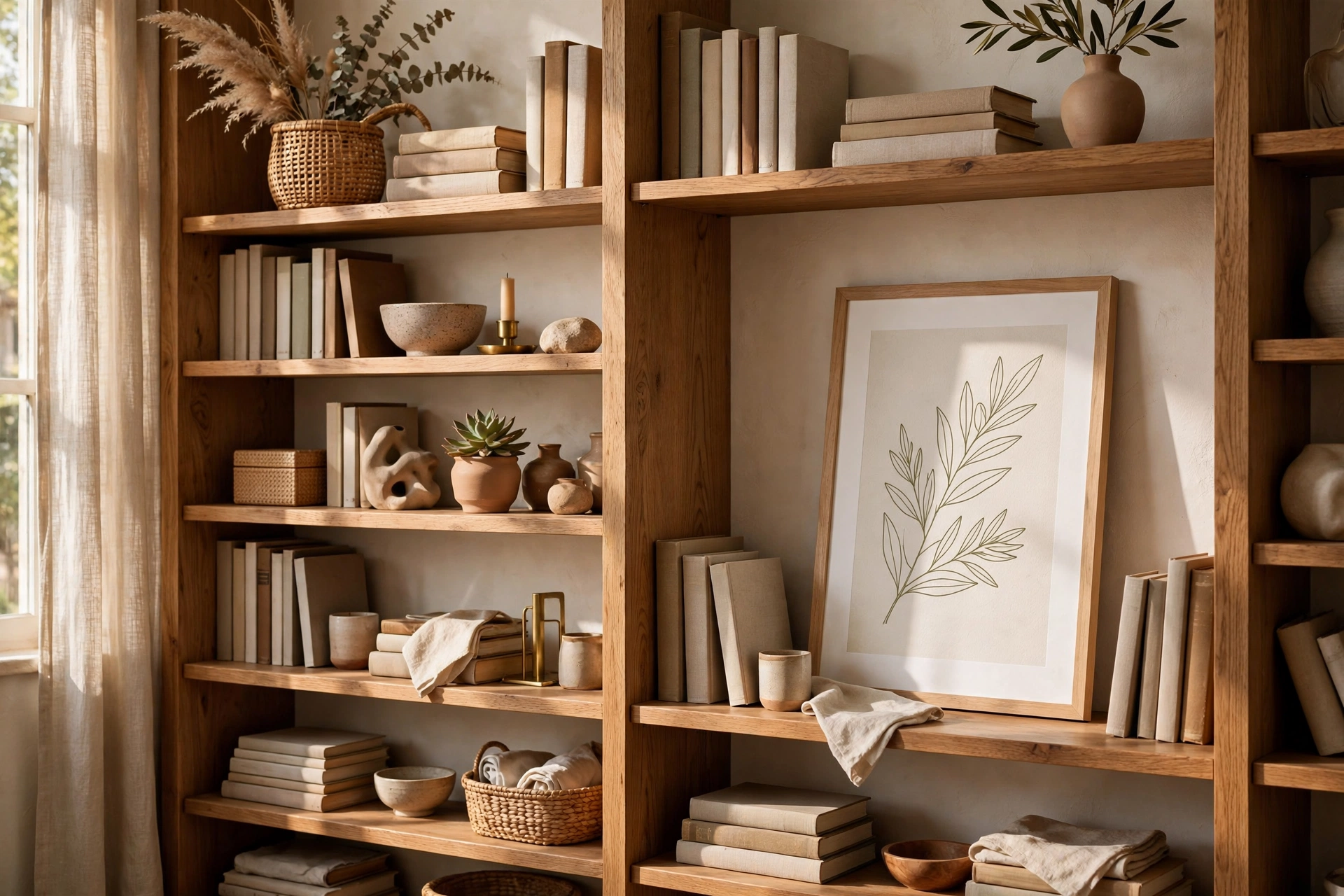 Framed Print Leaning Against The Back Of A Styled Bookshelf