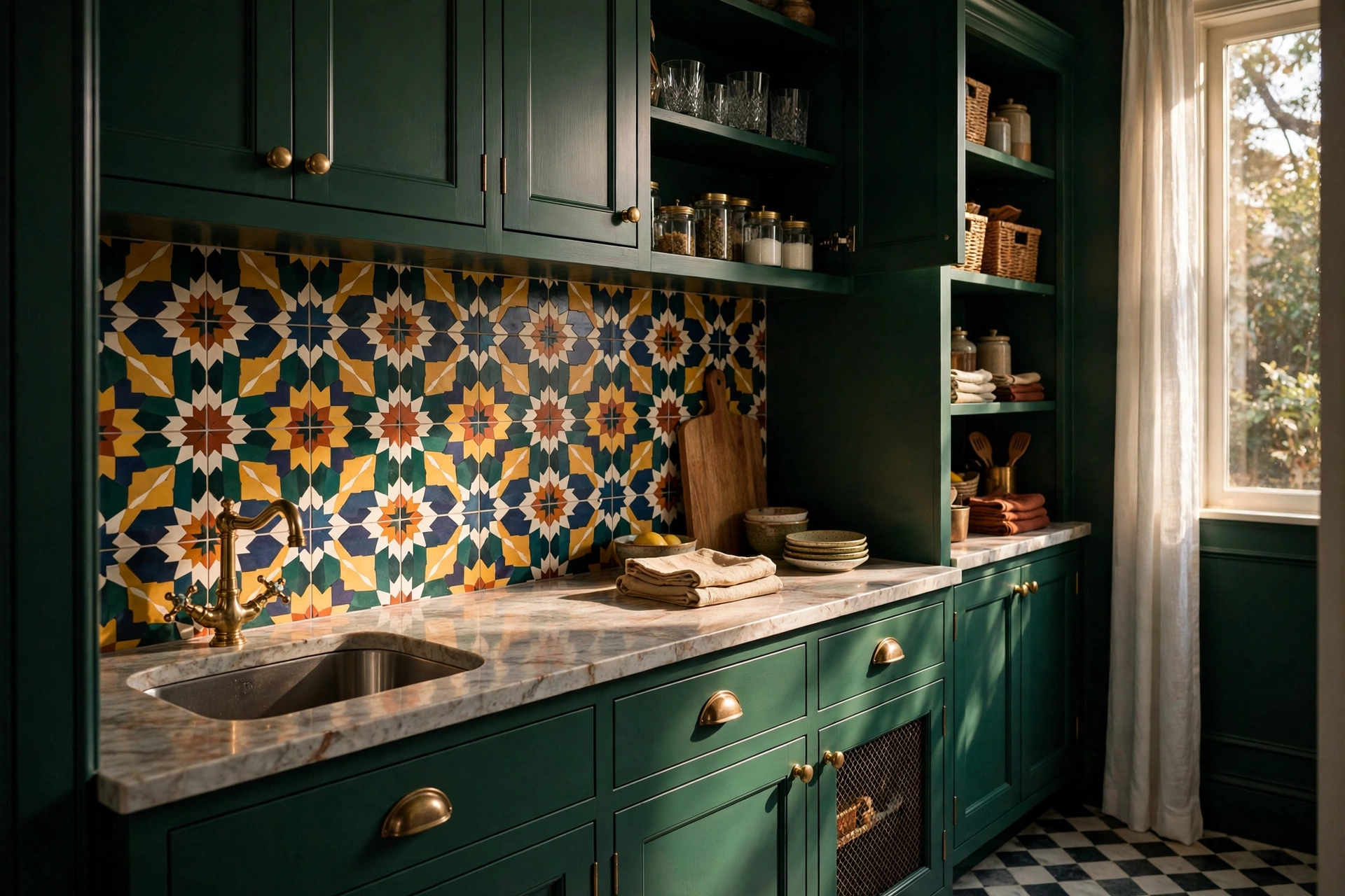 Bold Patterned Backsplash Tile In A Jewel-Box Butler's Pantry