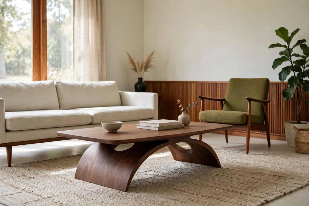 Low sculptural walnut coffee table with curved base in a mid-century living room