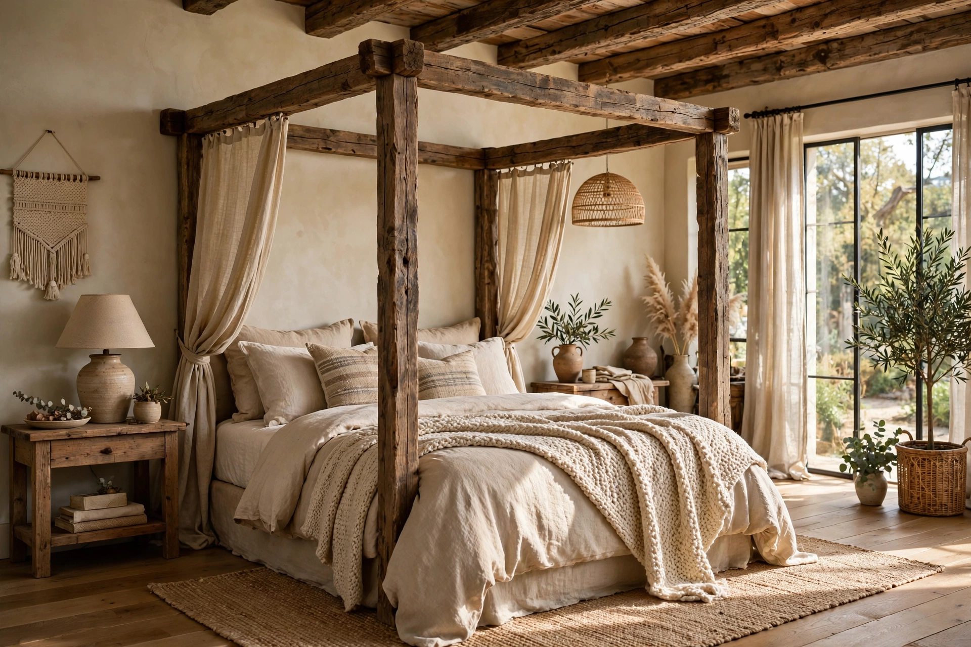 Rustic Wood Beam Canopy Bed Bedroom