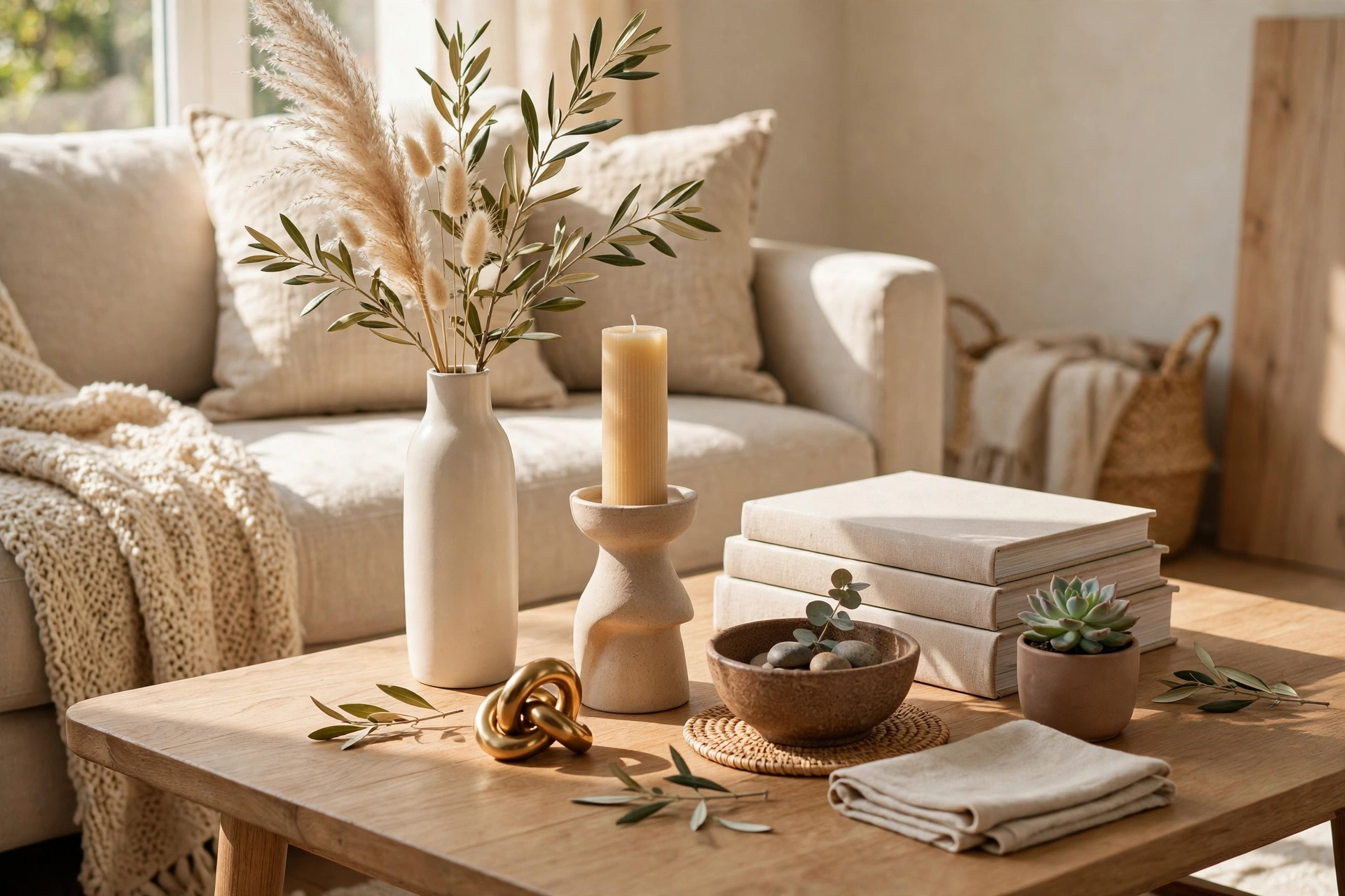 Layered Height Decor Arrangement on Coffee Table