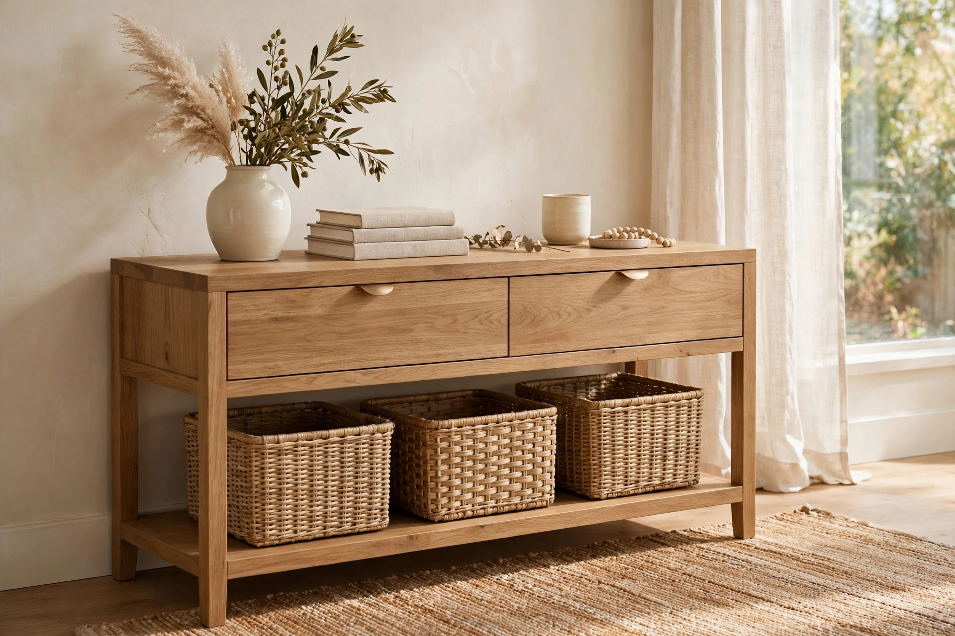 Woven Storage Baskets On Lower Shelf Of A Console Table
