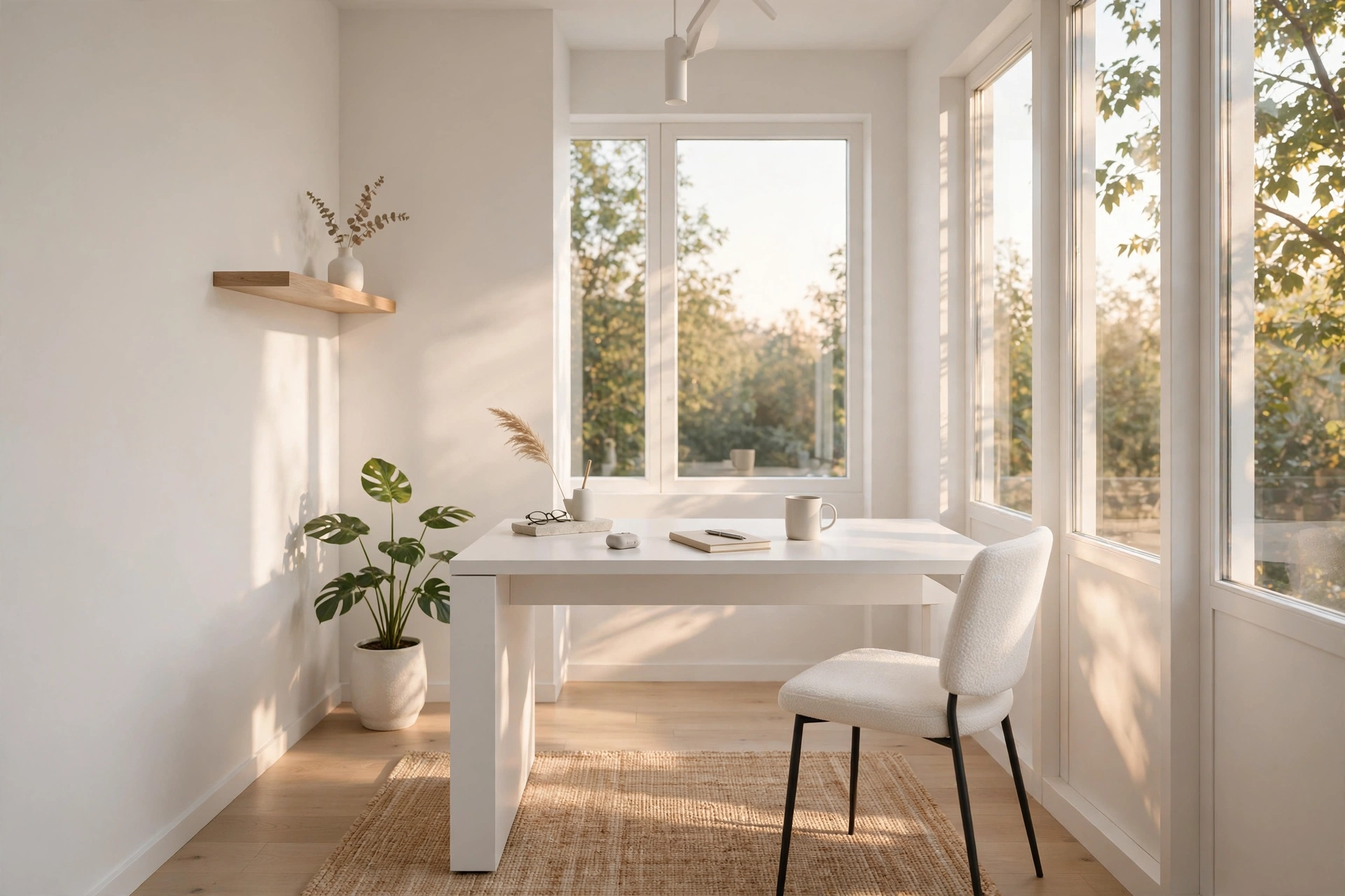 Minimalist White Corner Office Setup With Clean Modern Furniture