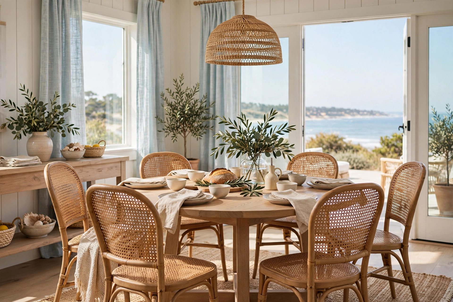 Rattan Cane Dining Chairs in a Breezy Coastal Dining Room