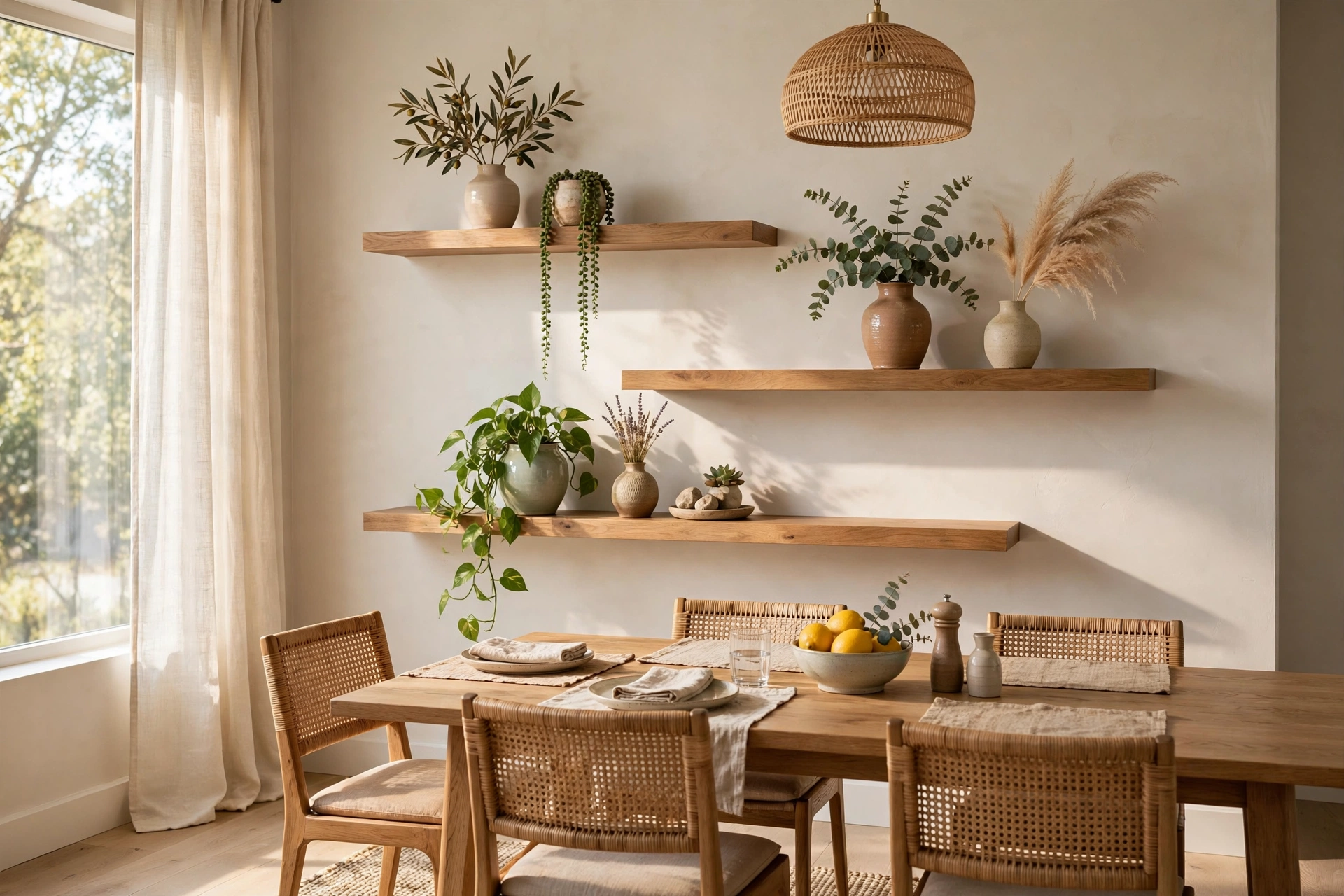 Floating Shelves With Vases and Plants in a Dining Room