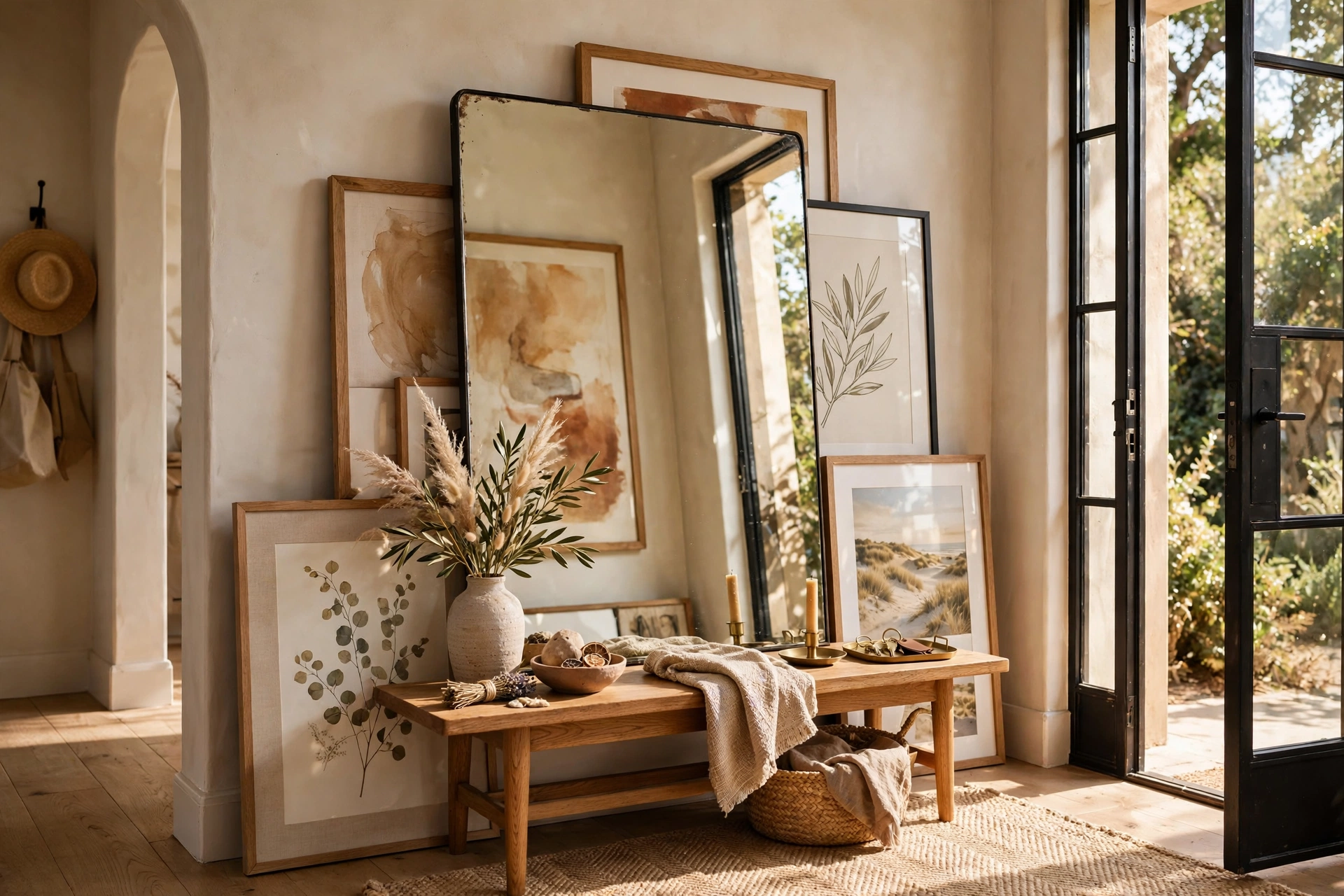 Mirror Layered With Framed Art in an Entryway