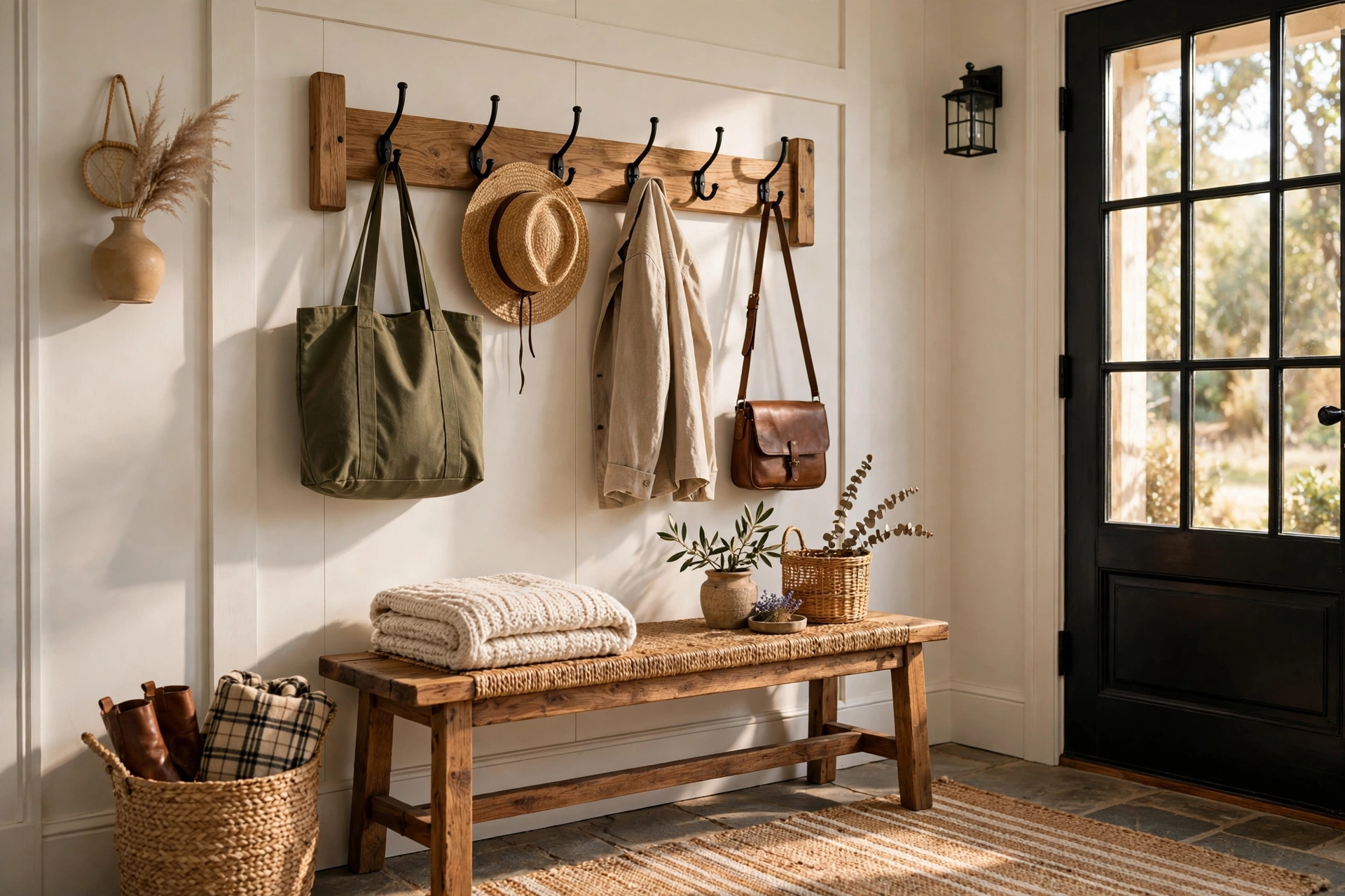 Wooden Coat Rack With Hooks in a Farmhouse Entryway
