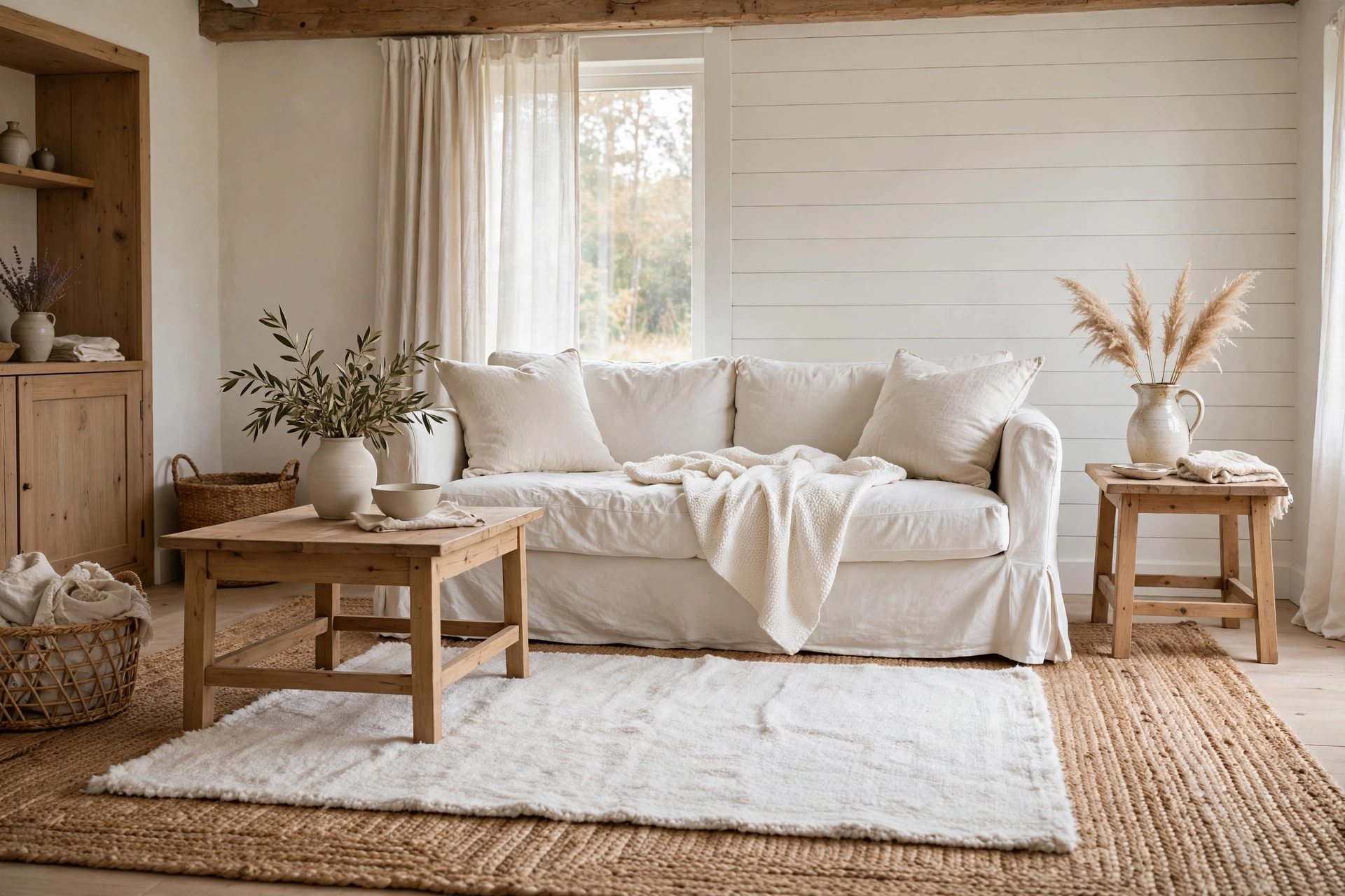 Layered jute and cotton rugs under a slipcovered sofa in a cottage living room