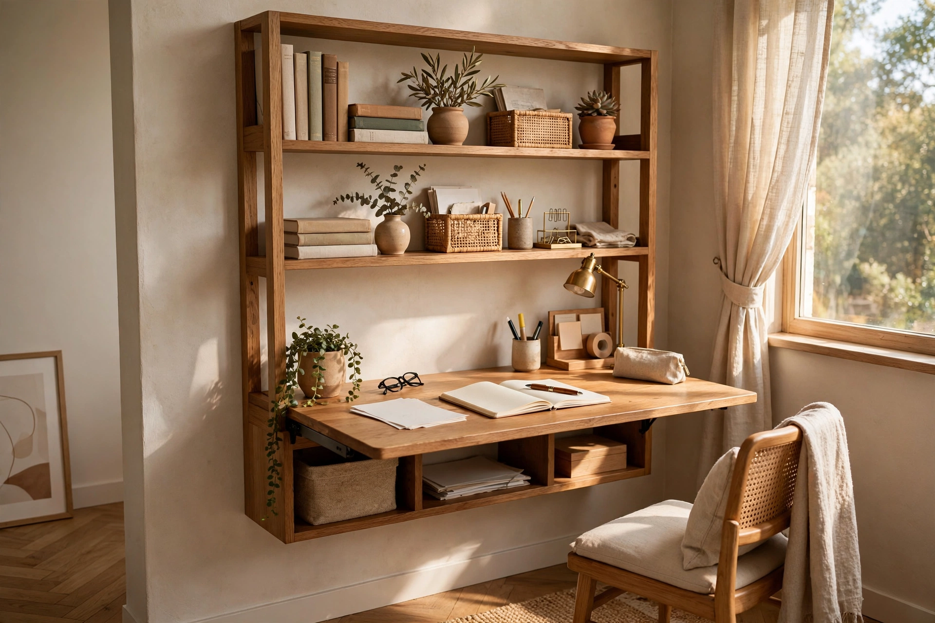 Wall-Mounted Folding Desk With Integrated Shelves In A Small Office