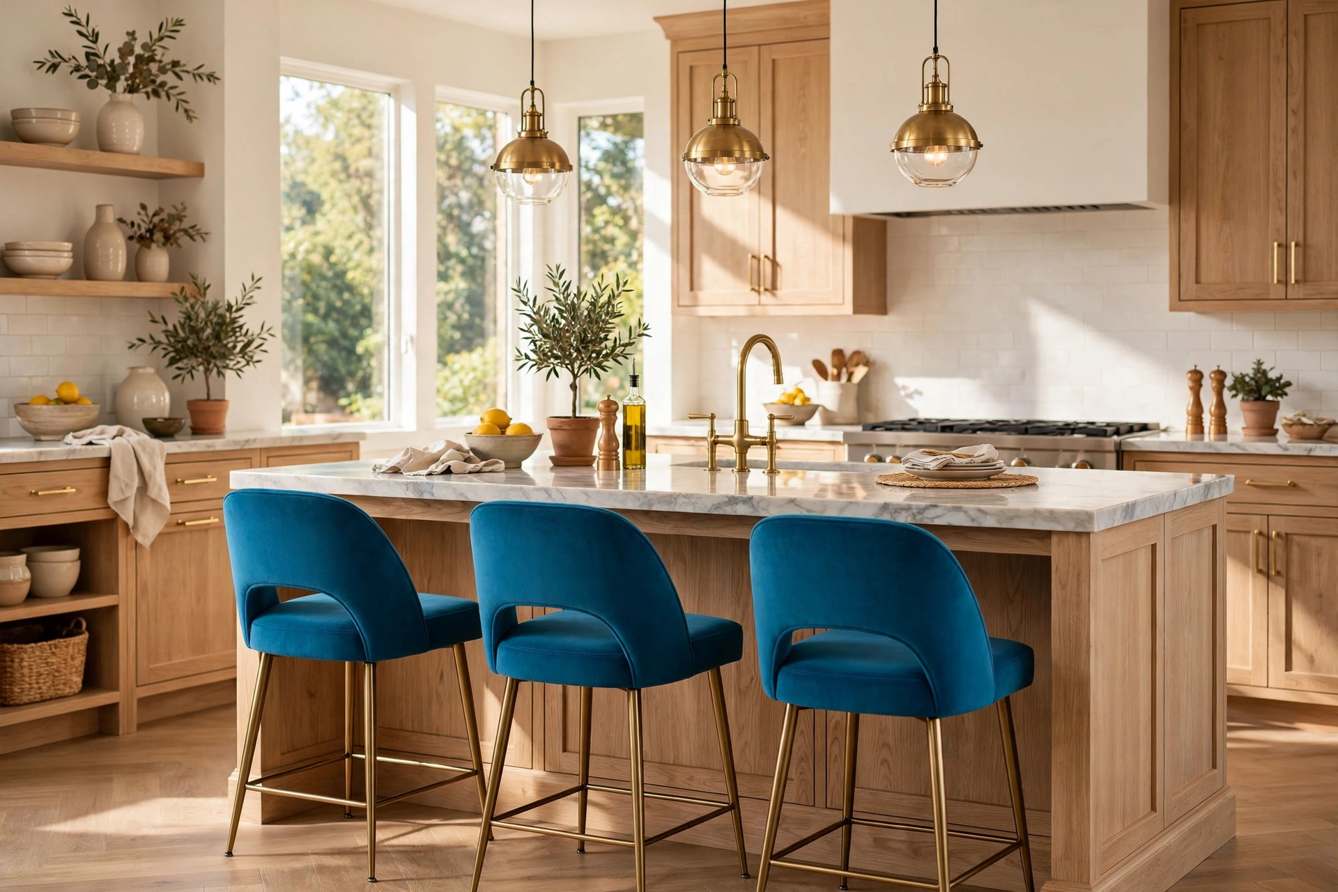 Kitchen Island With Bold Color Stools As A Focal Point