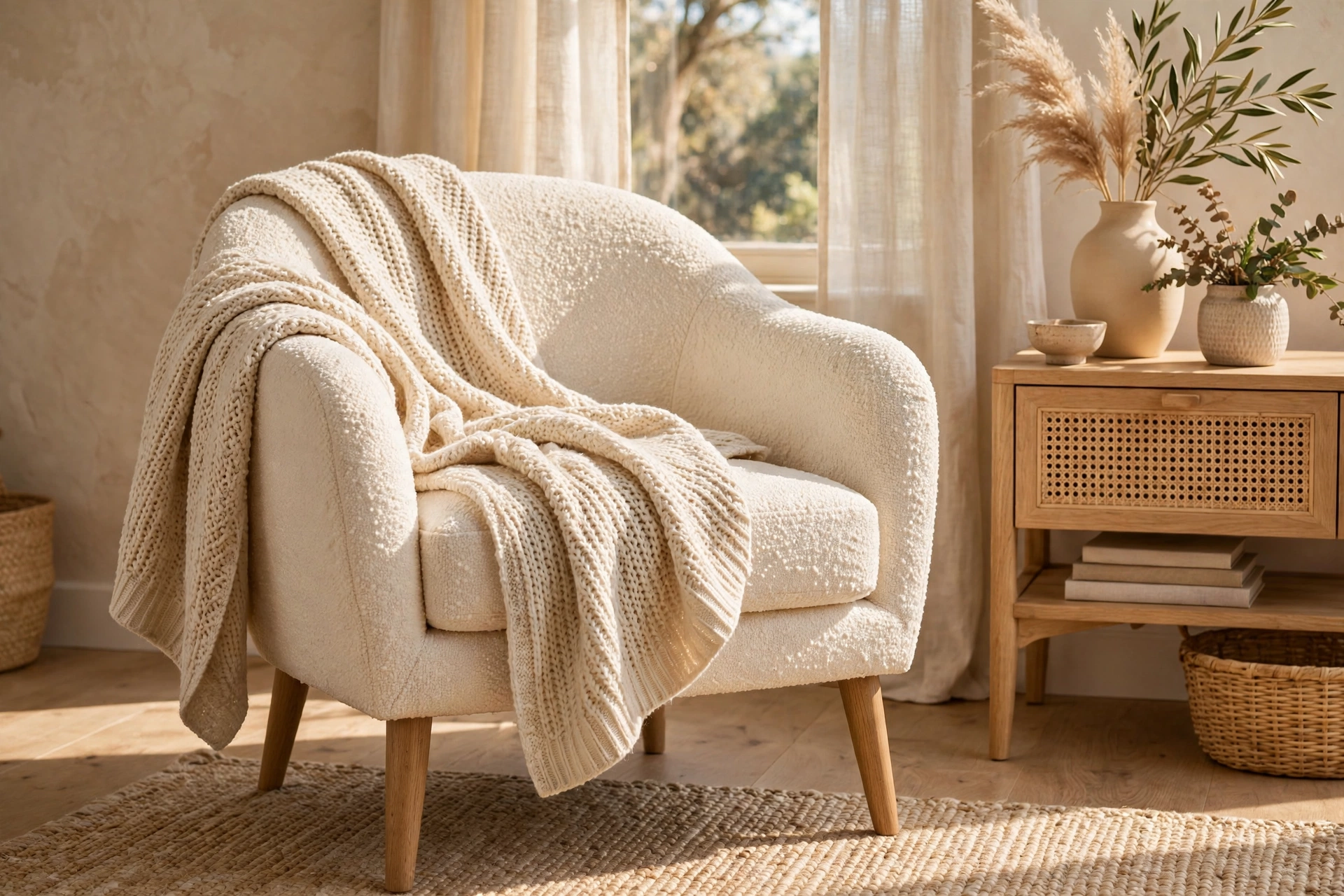Cream Boucle Accent Chair With A Throw Blanket