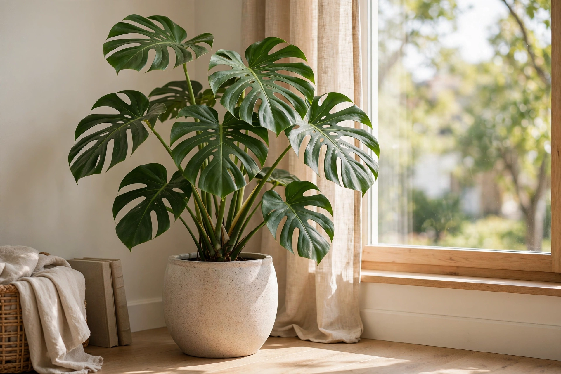 Large Monstera Plant In A Ceramic Pot Next To A Bright Window