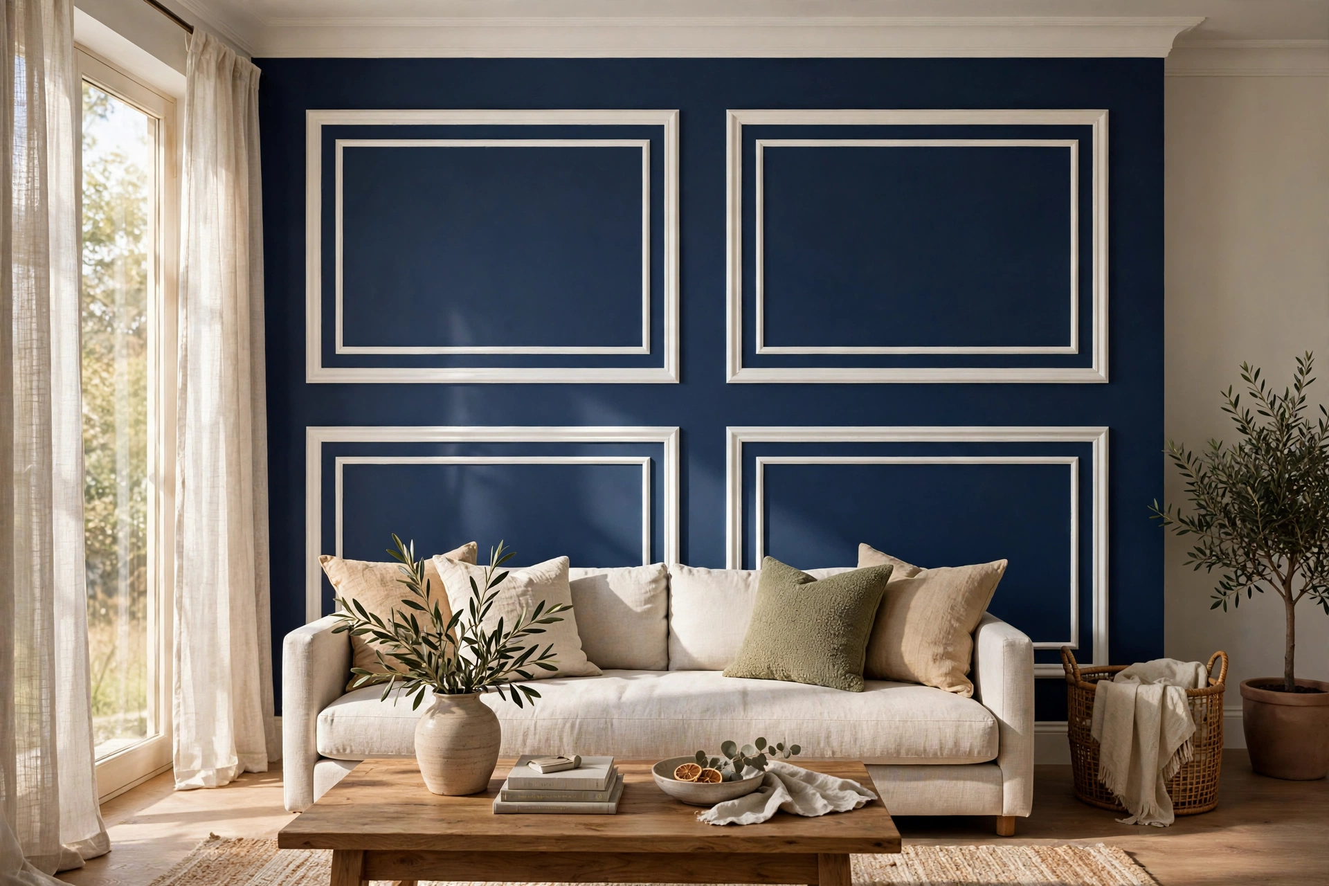 White Molding Contrast Frames On A Navy Living Room Wall