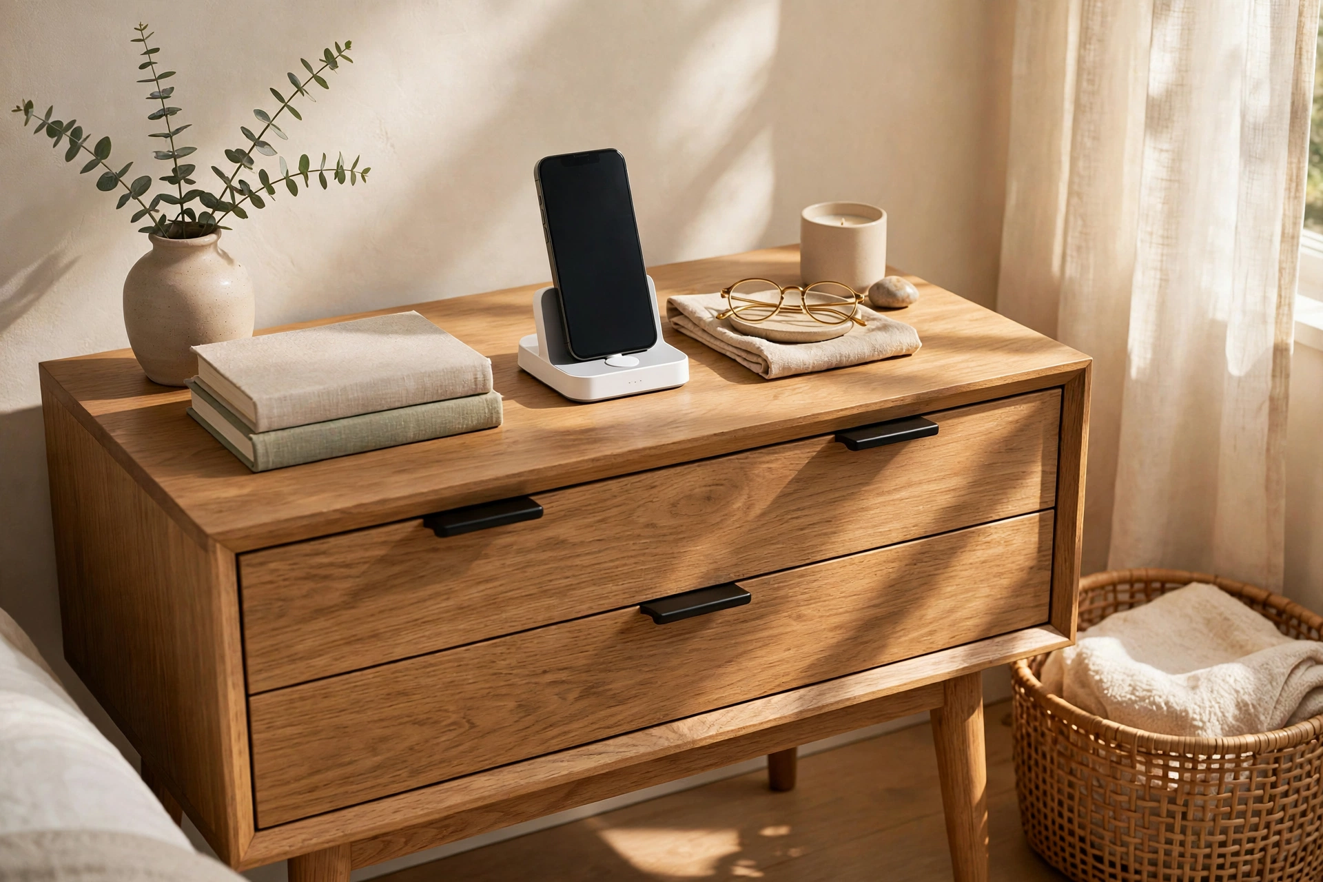 Tidy Nightstand With Hidden Cords And Charging Dock