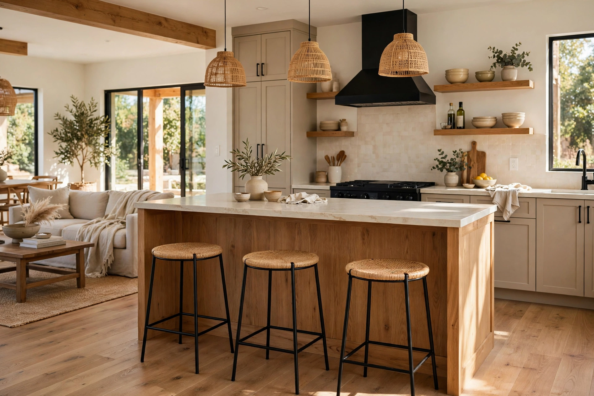 Backless Bar Stools At A Kitchen Island In An Open Concept Layout