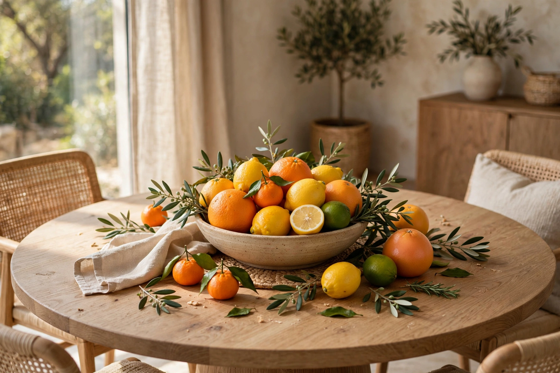 Bowl of Citrus Fruit Centerpiece on a Round Dining Table