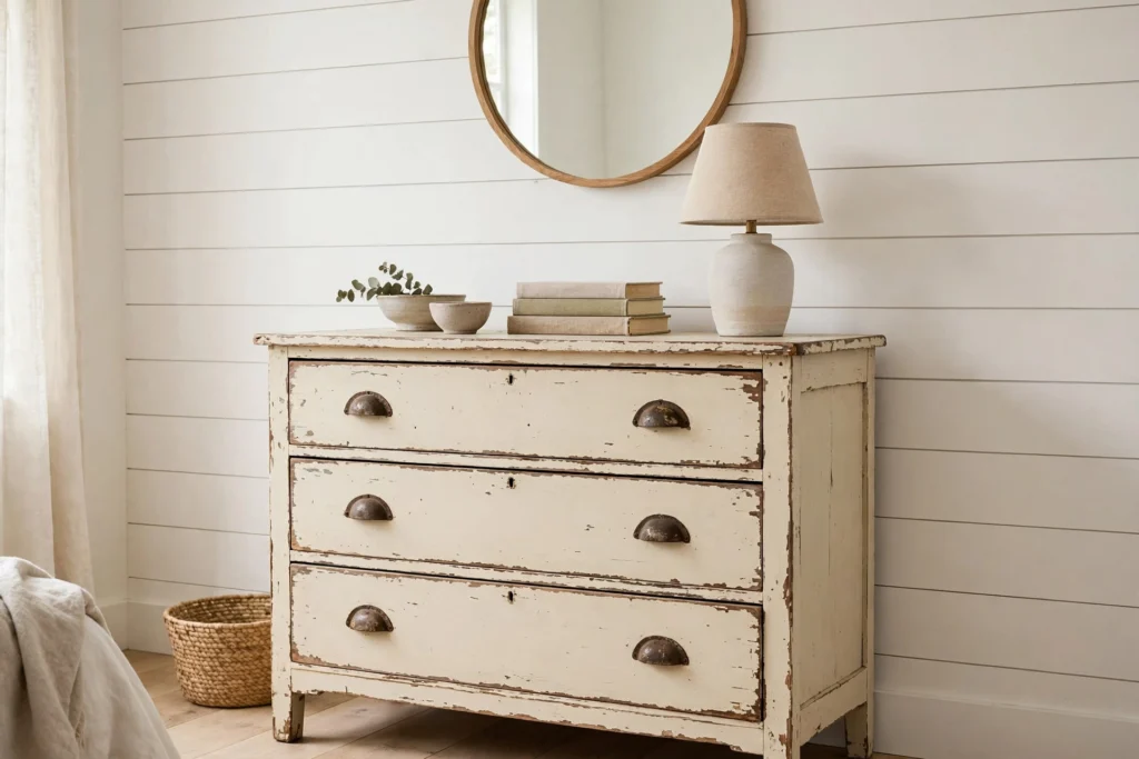 Distressed wooden dresser with vintage iron hardware styled with a mirror and lamp in a farmhouse bedroom
