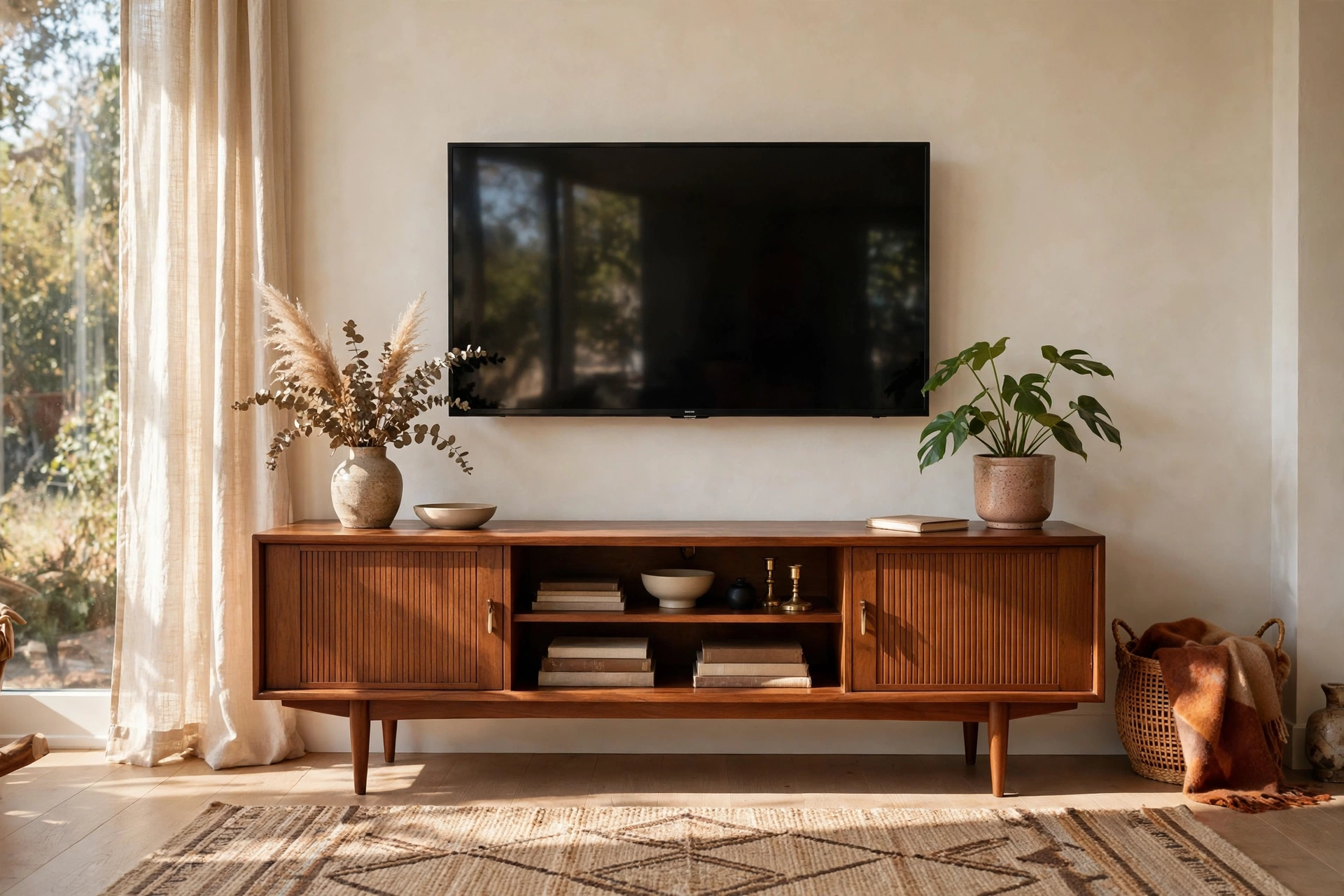 Mid Century Media Console Anchoring A Wall Mounted TV