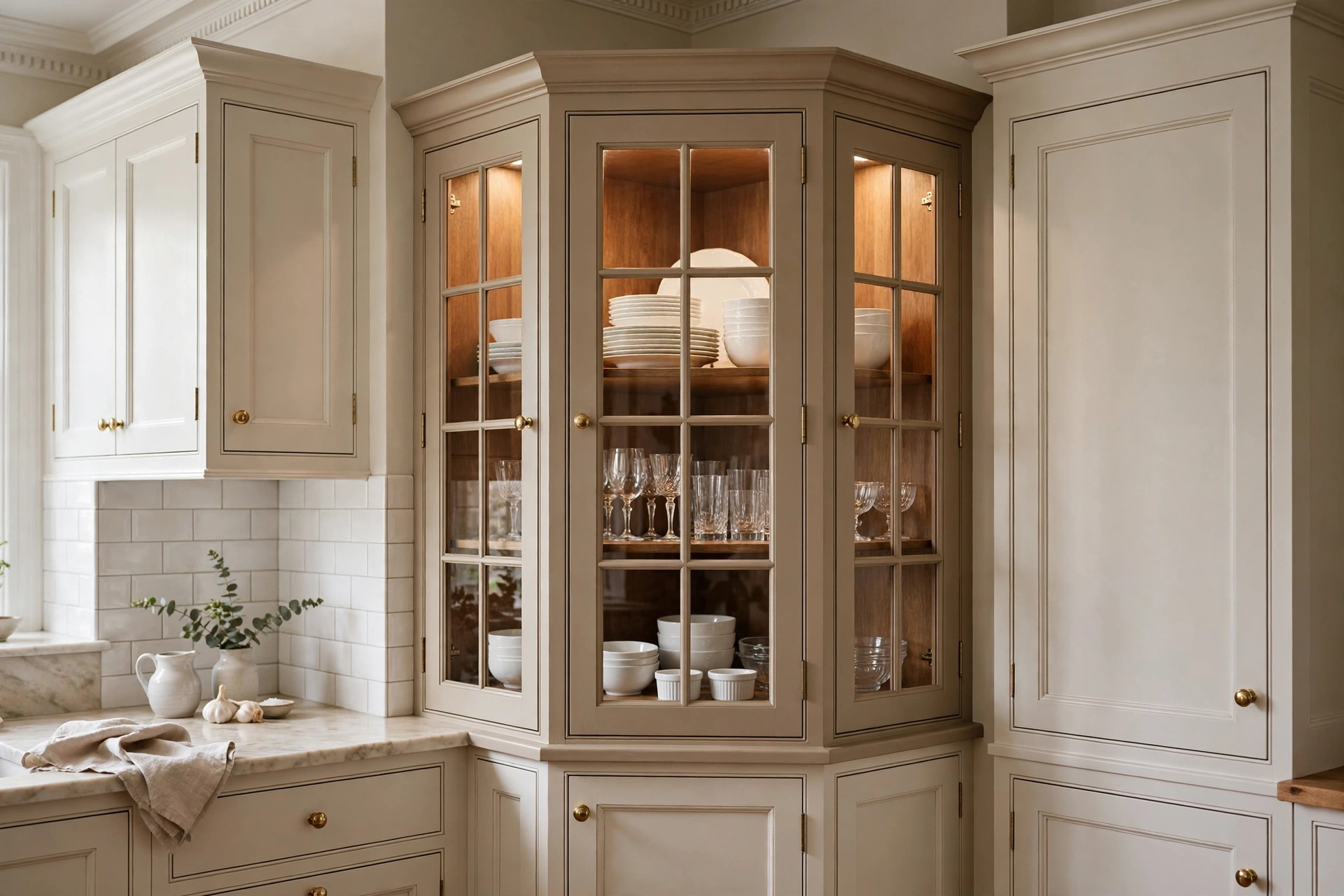 Glass Front Corner Cabinet Displaying Pretty Dishware