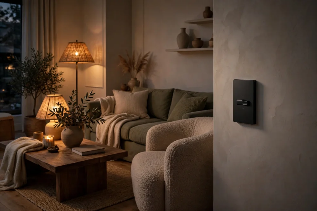 Dimmer Switch Creating Moody Evening Lighting In Living Room