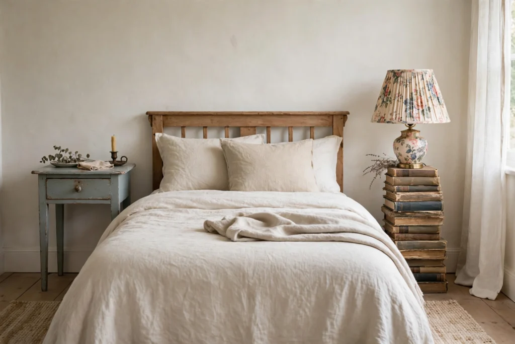 Mismatched vintage nightstands with thrifted lamps beside a cottage bed