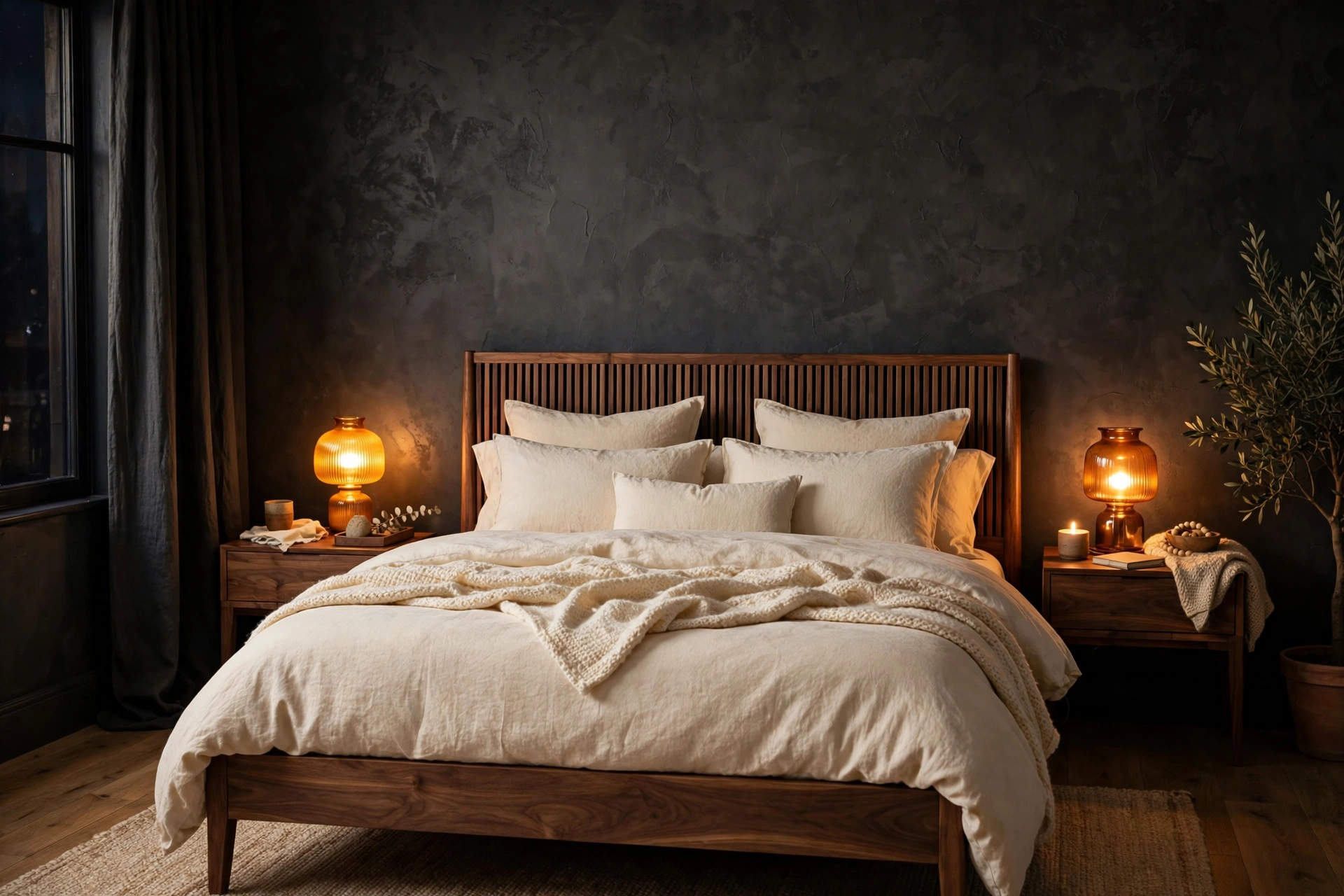 Moody Bedroom With Charcoal Walls And Warm Ivory Bedding