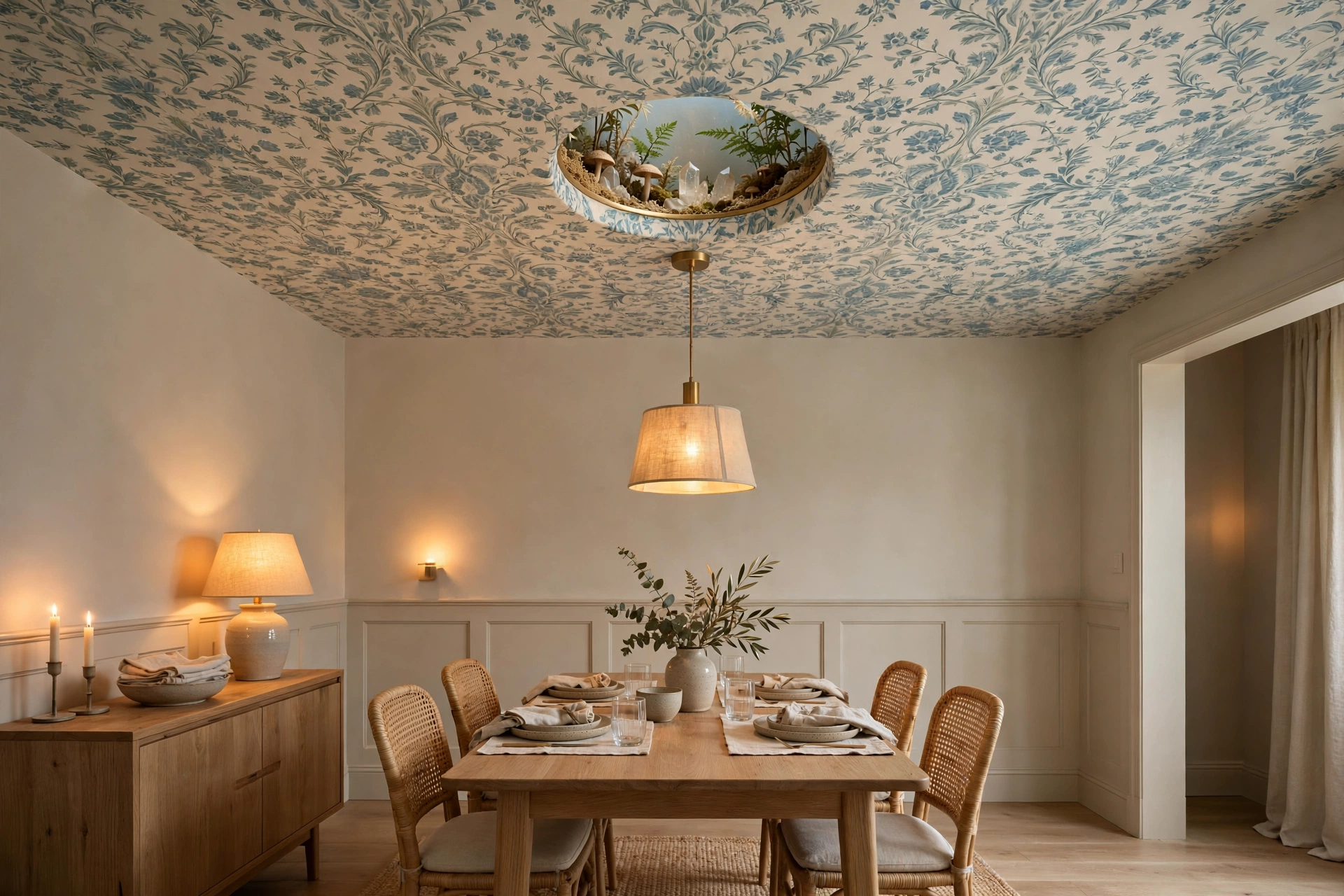 Dining Room With Patterned Wallpaper On The Ceiling