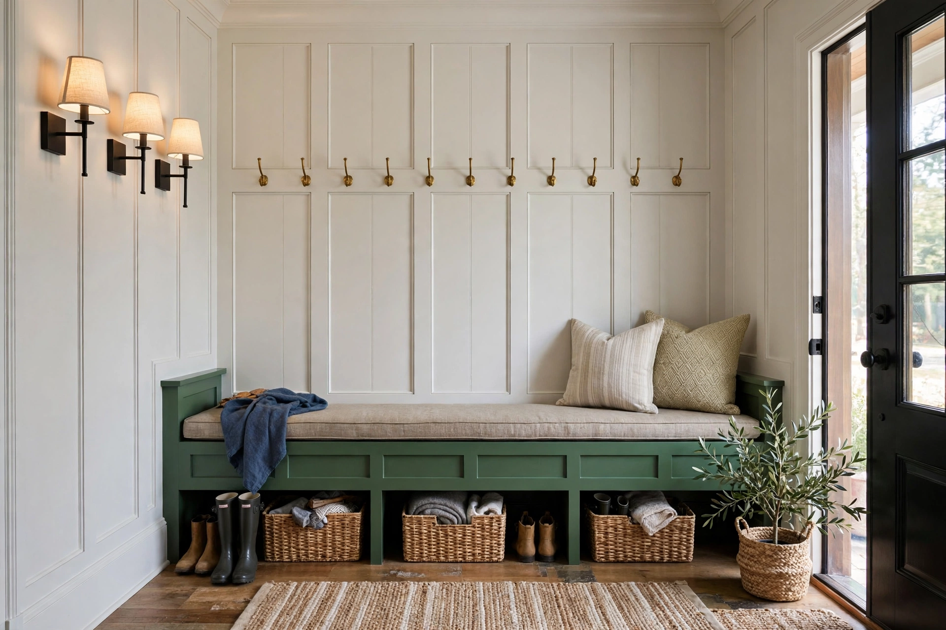 Built In Banquette Bench With Hooks In Entryway