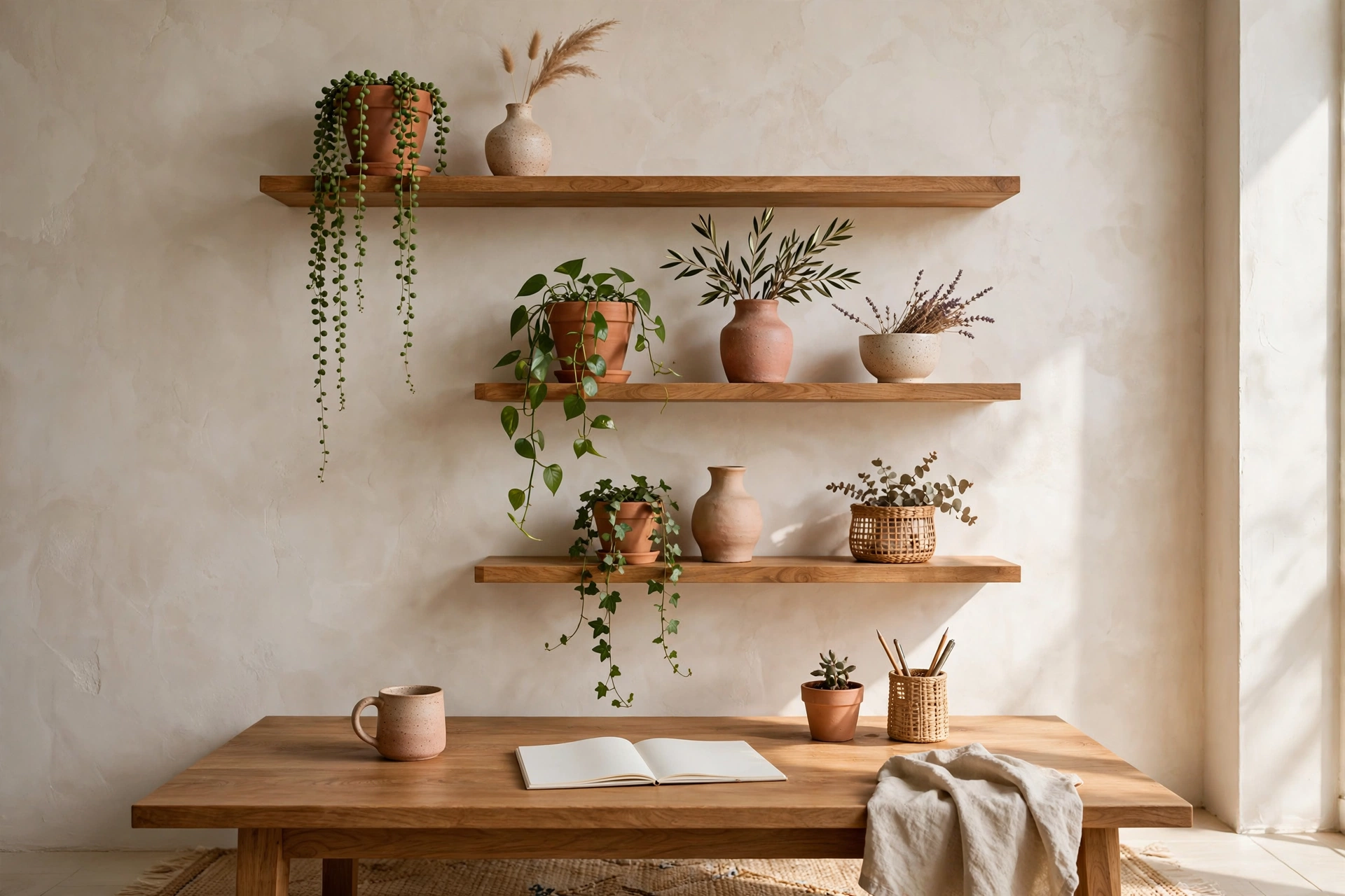 Open wood shelves with terracotta pots and handmade ceramics in a boho home office