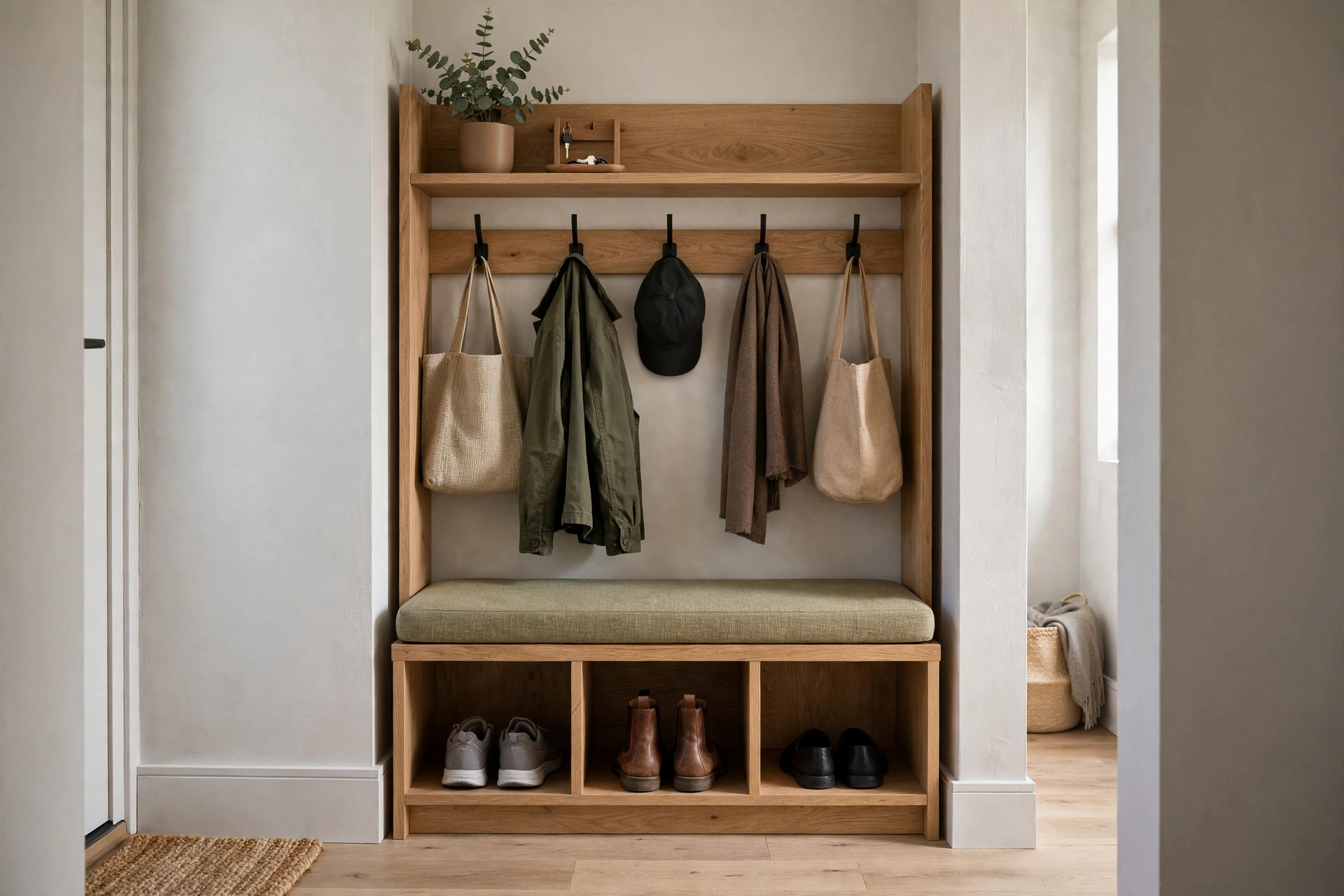 Bench And Coat Rack Combo Unit In Entryway