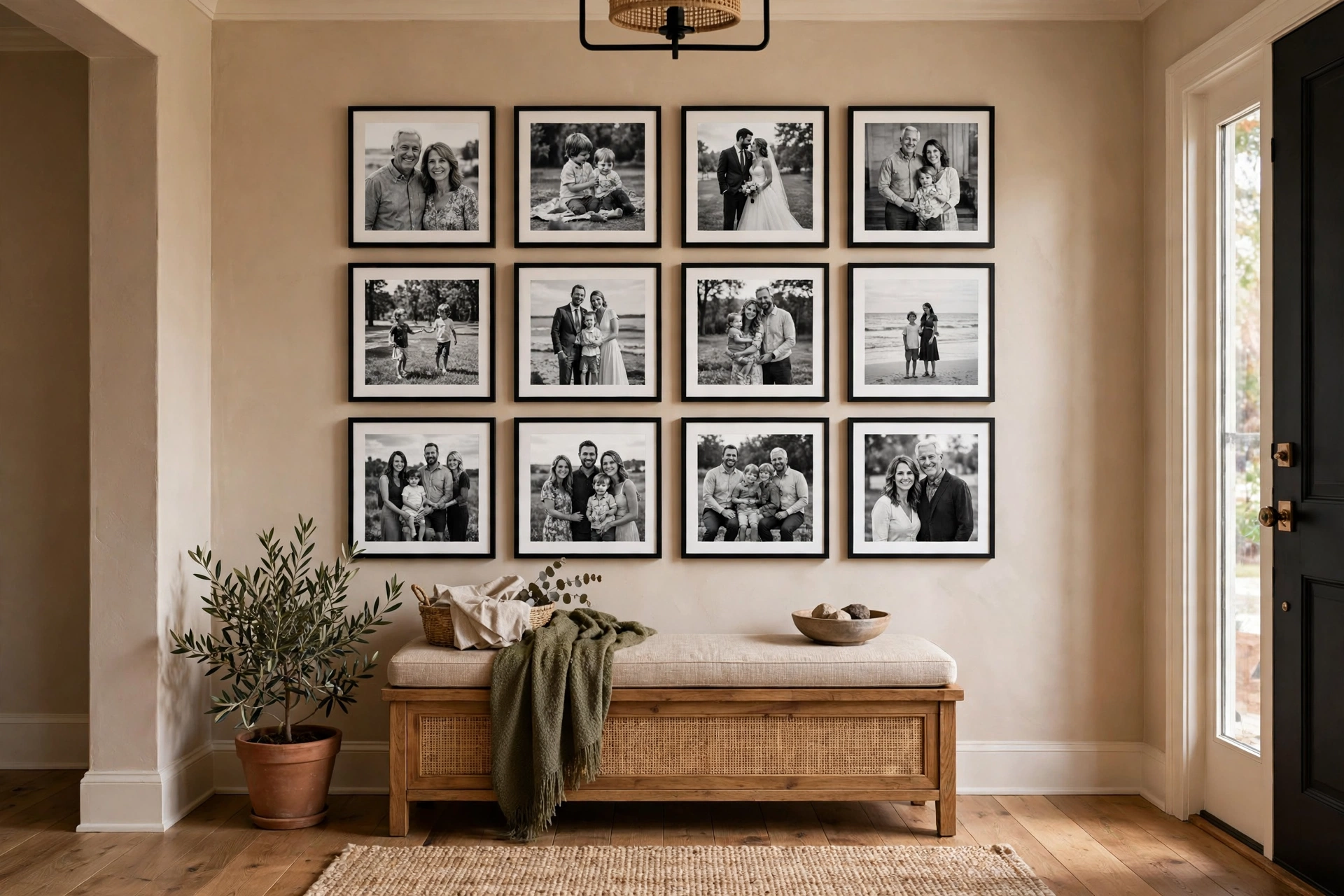 Framed Family Photos In Matching Frames On Entry Wall