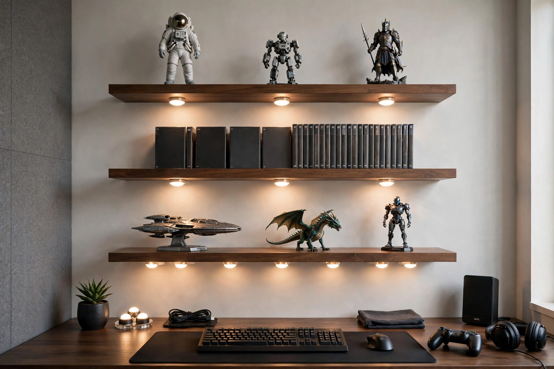 Floating Shelves Displaying Gaming Collectibles With Lights