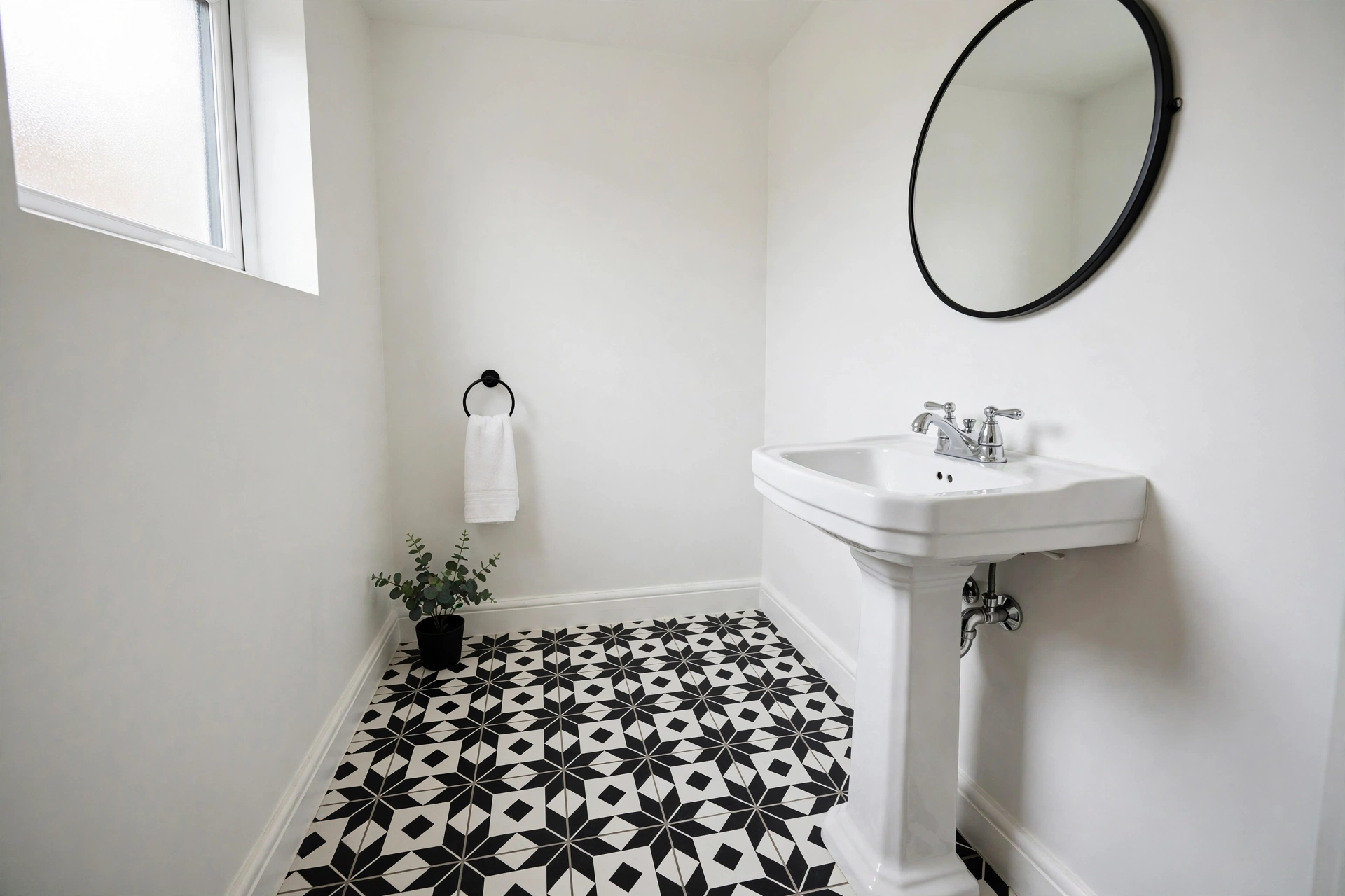 Small Half Bath With Bold Patterned Tile Floor