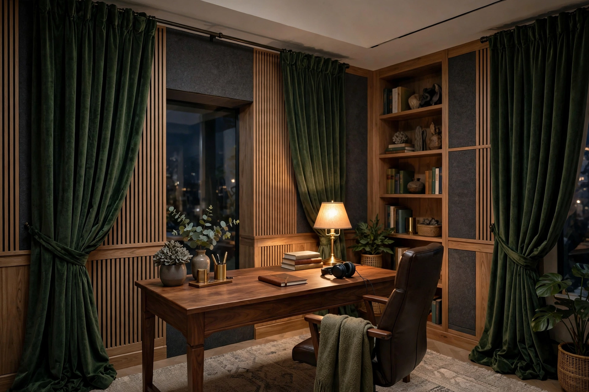 Velvet Curtains Softening Sound In A Home Office