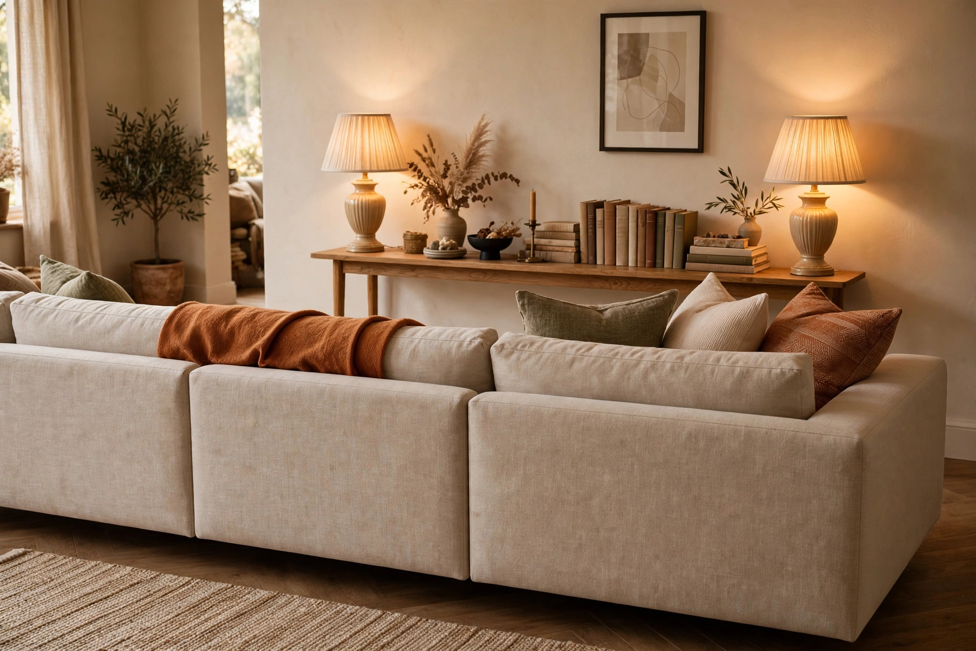 Console Table Styled Behind A Floated Sectional Sofa