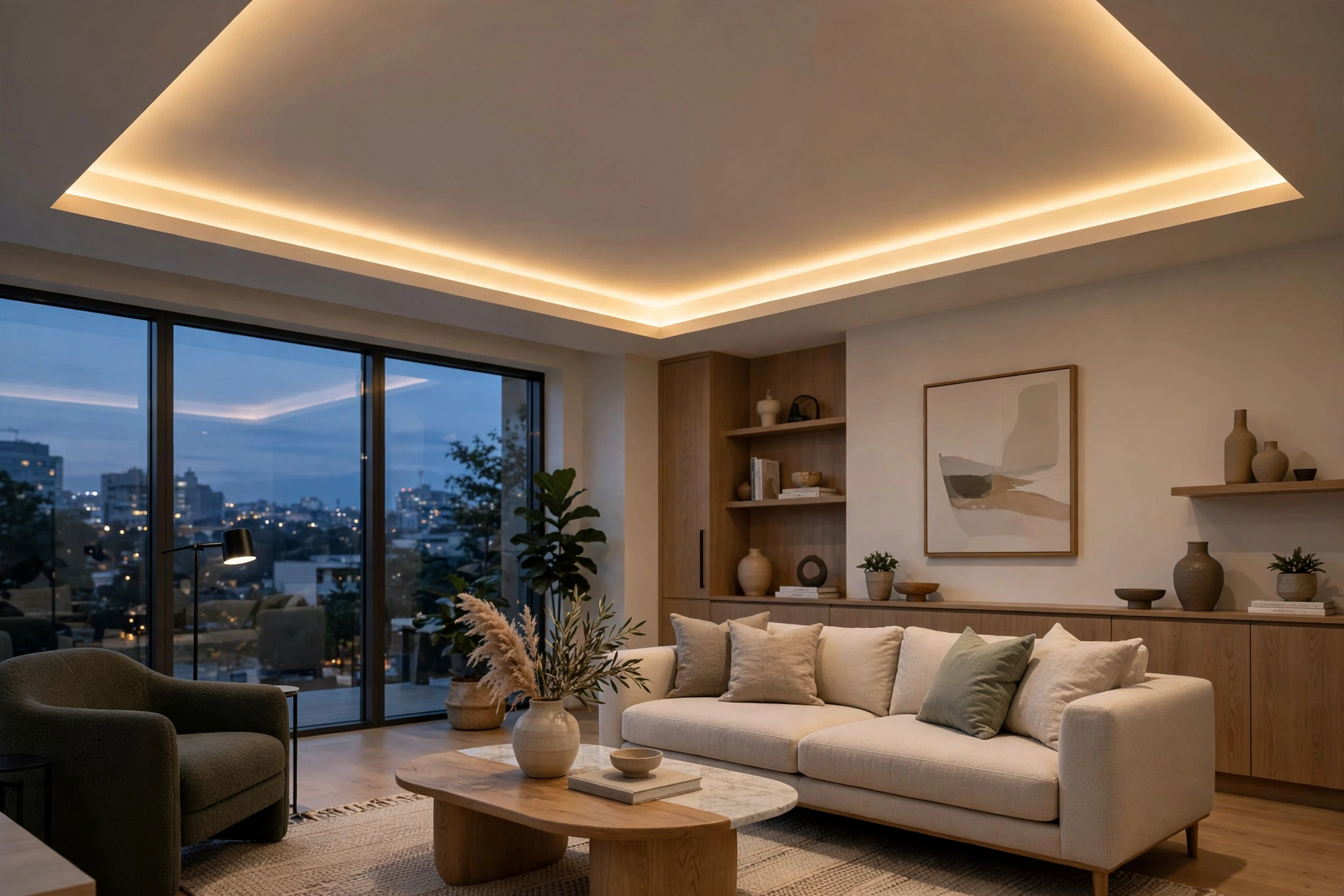 Tray Ceiling With Cove Lighting In Modern Living Room