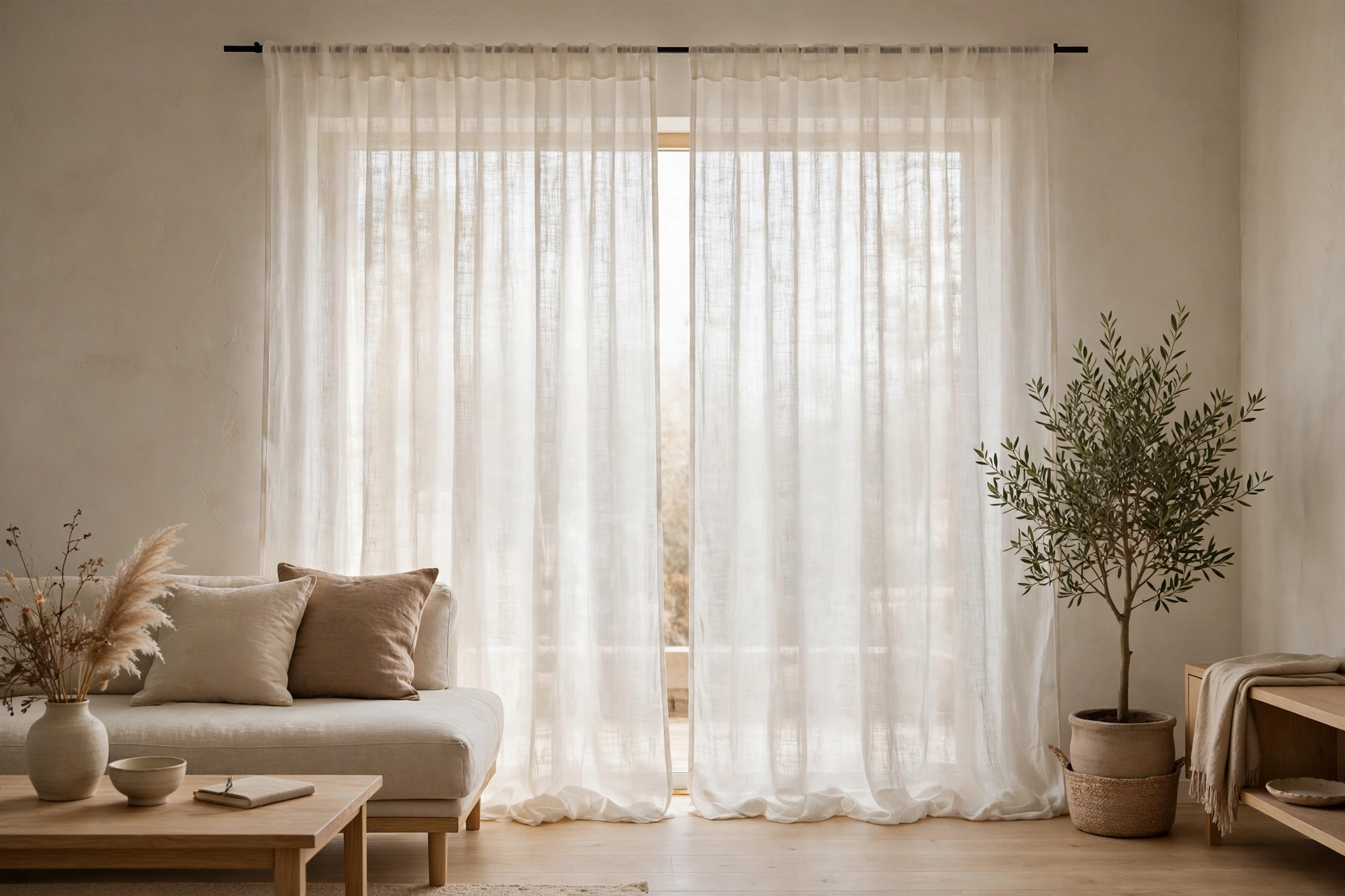 Sheer linen curtains filtering soft daylight in calm Japandi living room