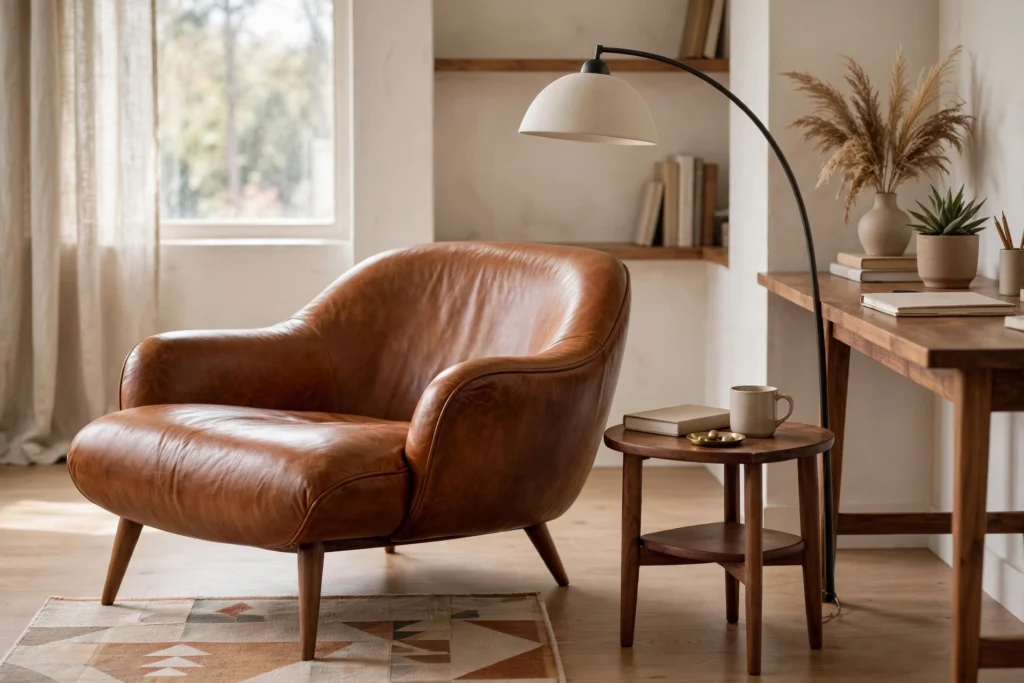 Mid-century reading corner with cognac leather lounge chair, walnut table and arc lamp