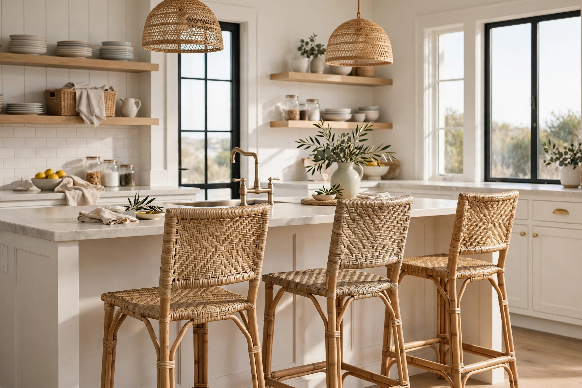 Rattan and woven bar stools adding texture to a coastal kitchen