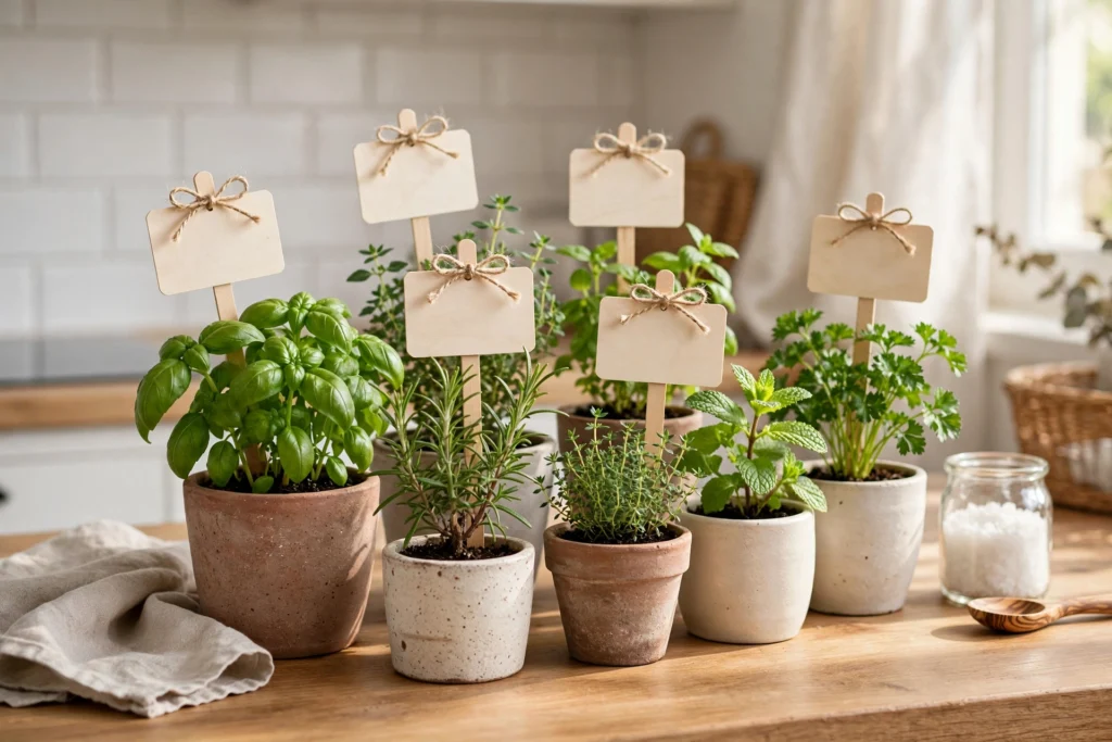 Potted kitchen herbs with charming handwritten plant labels