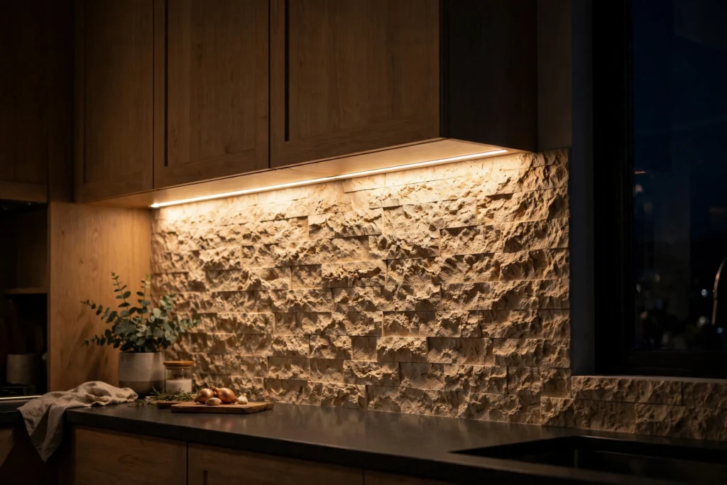 Under cabinet lighting highlighting a textured kitchen backsplash at night