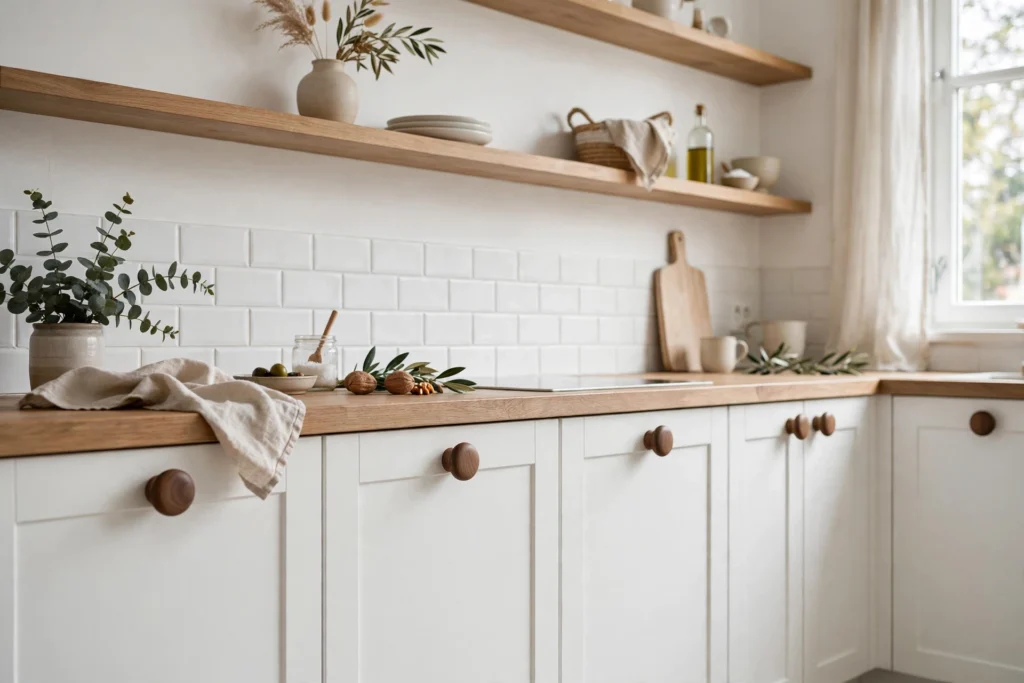 Round walnut wooden knobs on white kitchen cabinets in a Scandinavian kitchen