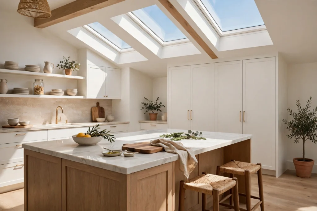 Kitchen skylights pouring daylight over the island workspace