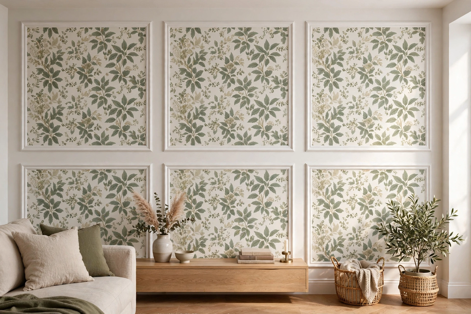 Wallpaper panels framed with white molding on a living room wall