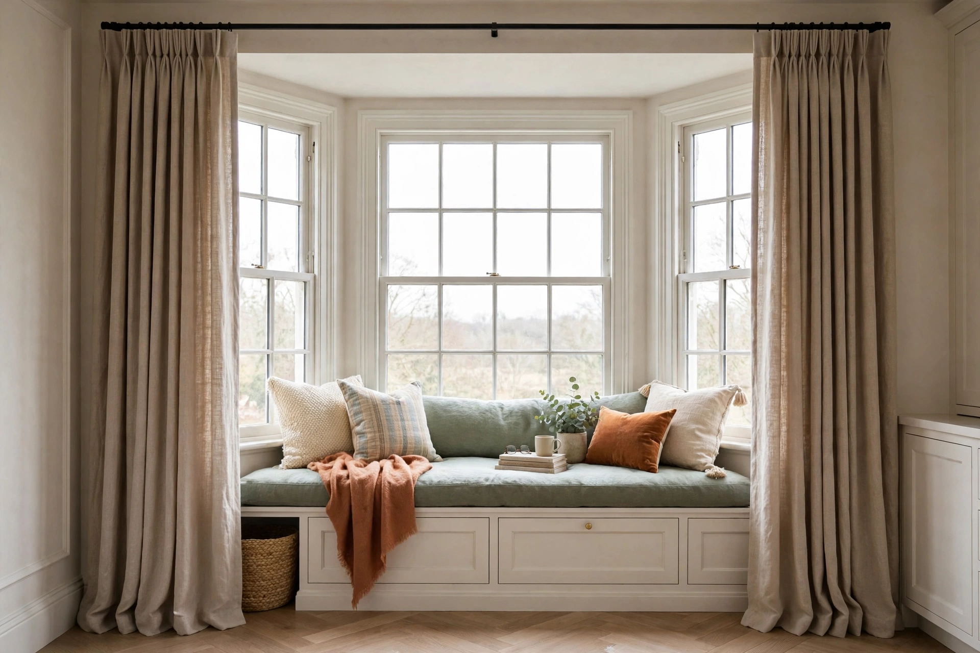 Bay window seat with curtains mounted high and wide framing the built-in bench