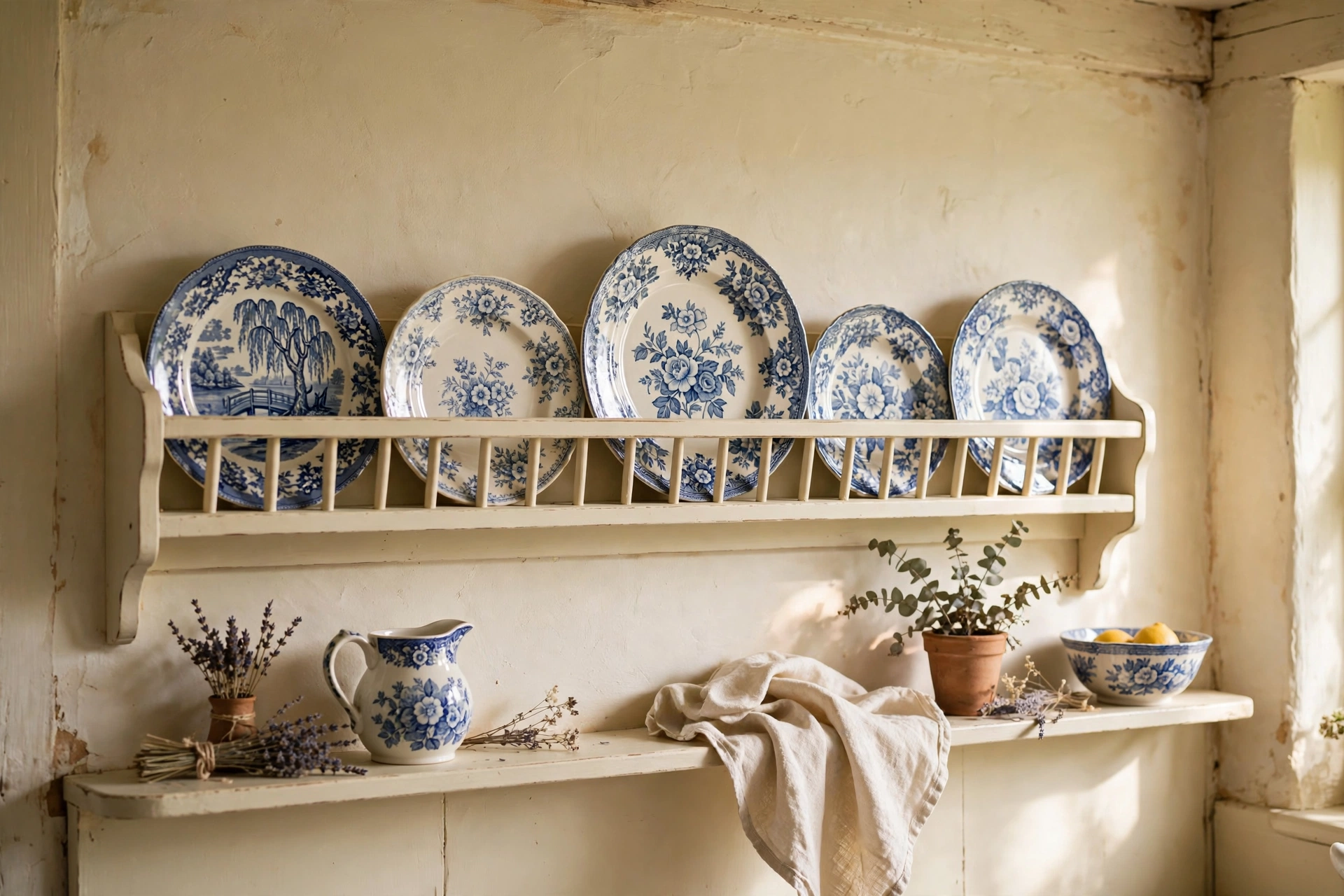 Cream wooden plate rack displaying blue-and-white plates on a cottage kitchen wall
